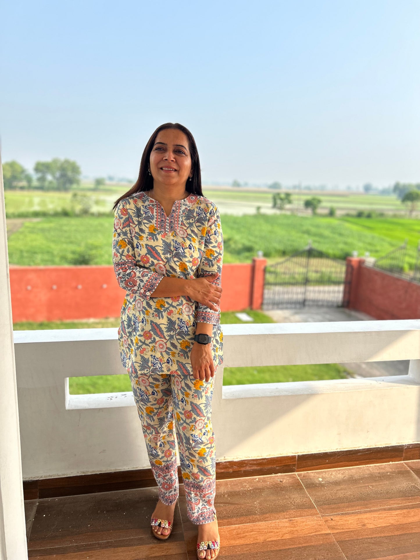 Multi Coloured Hand Block Floral Printed Cotton Night Suit