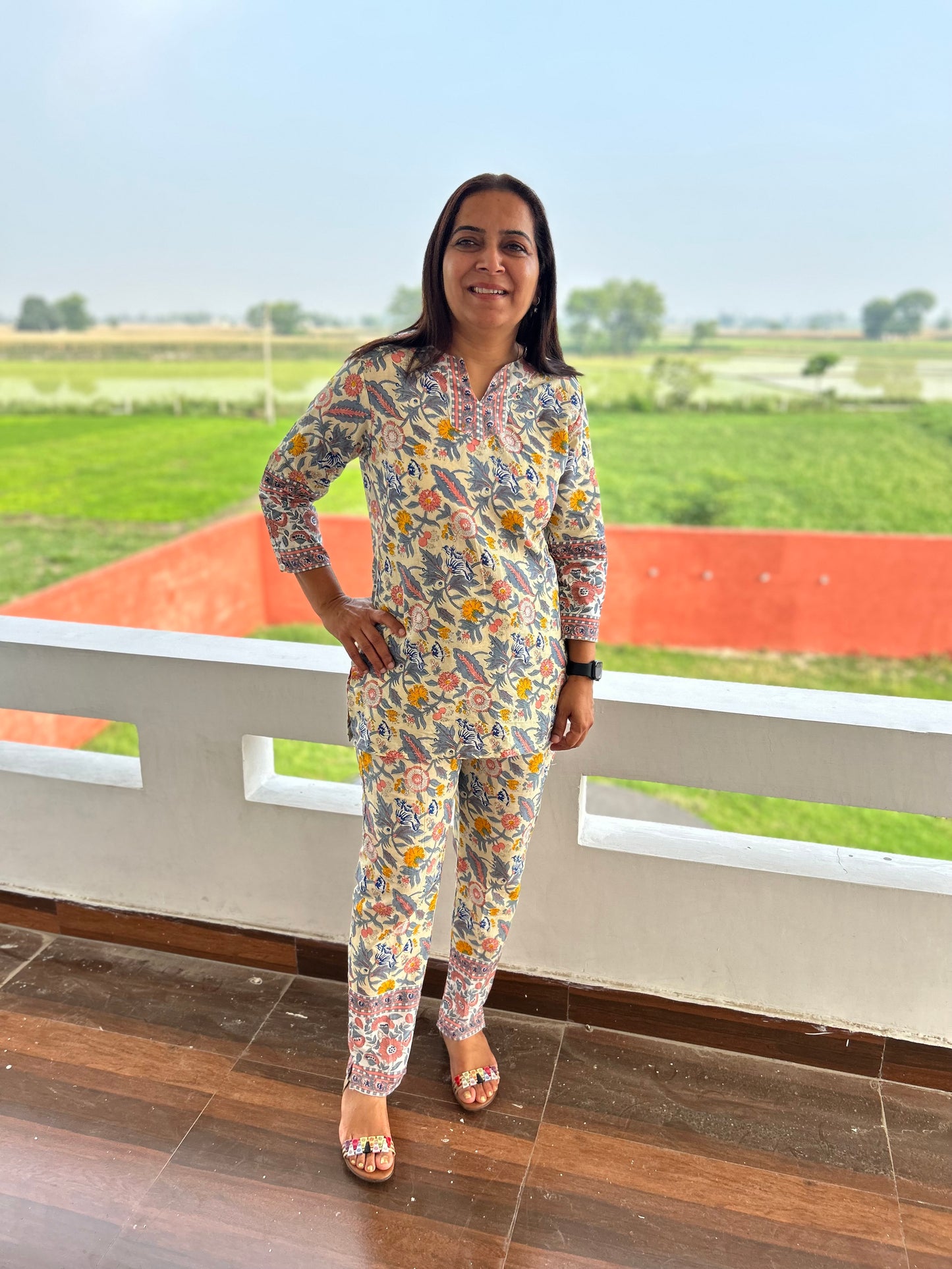 Multi Coloured Hand Block Floral Printed Cotton Night Suit