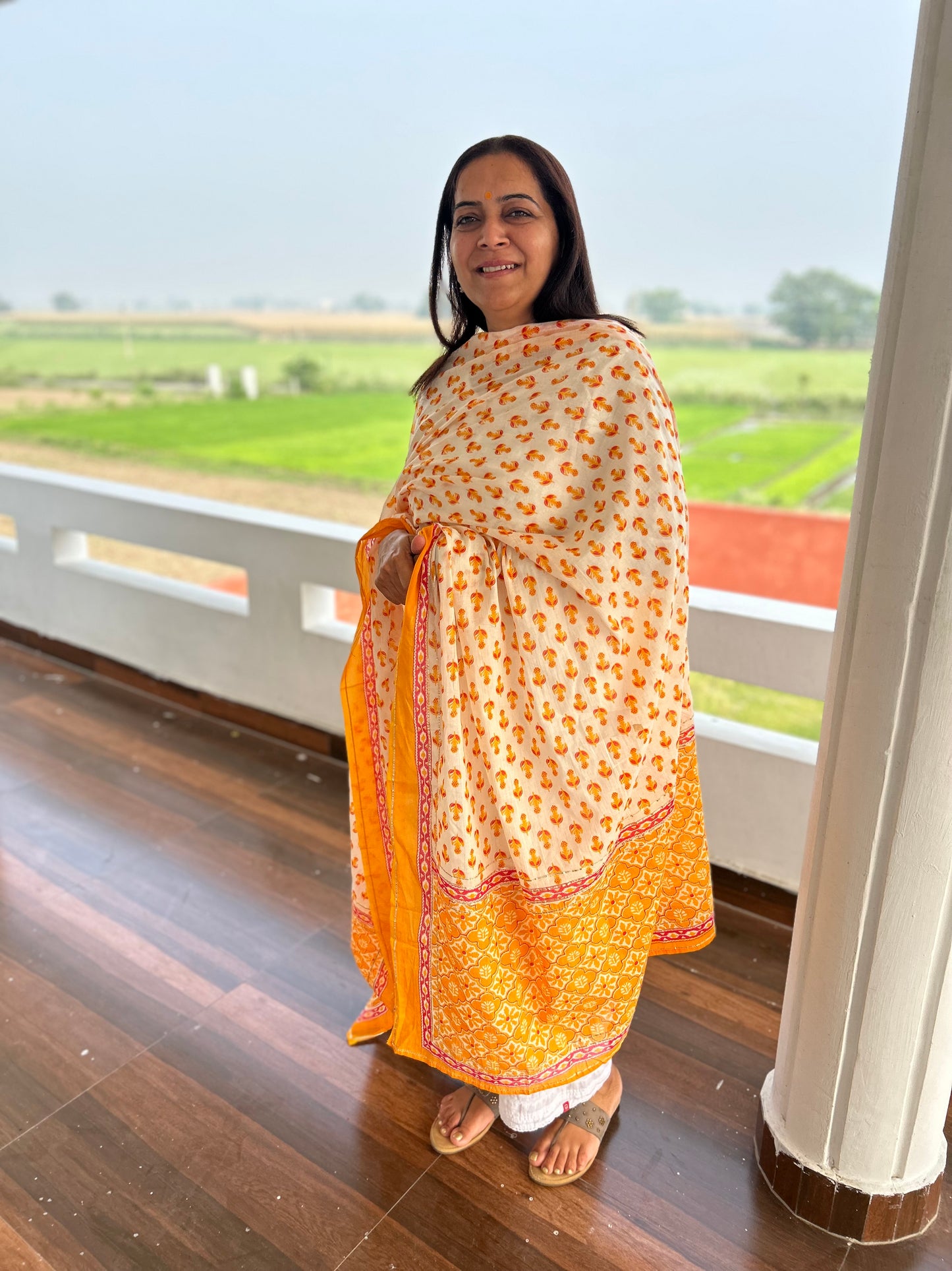 Orange Block Printed Cotton Dupatta