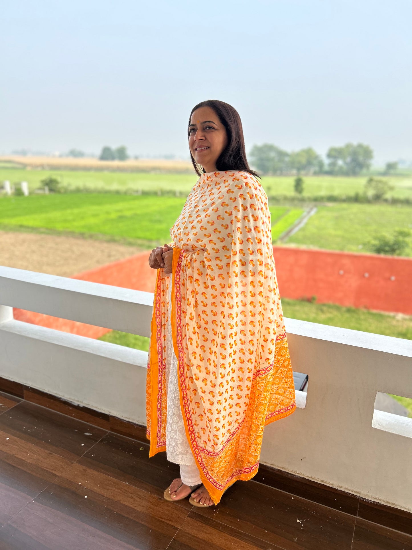 Orange Block Printed Cotton Dupatta