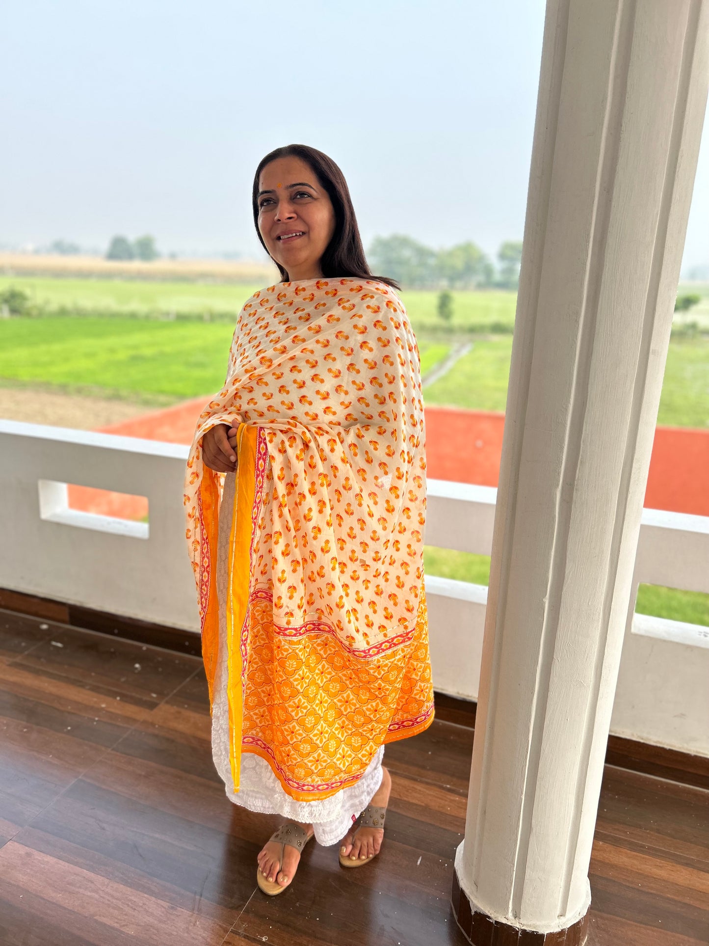 Orange Block Printed Cotton Dupatta