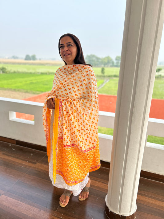 Orange Block Printed Cotton Dupatta