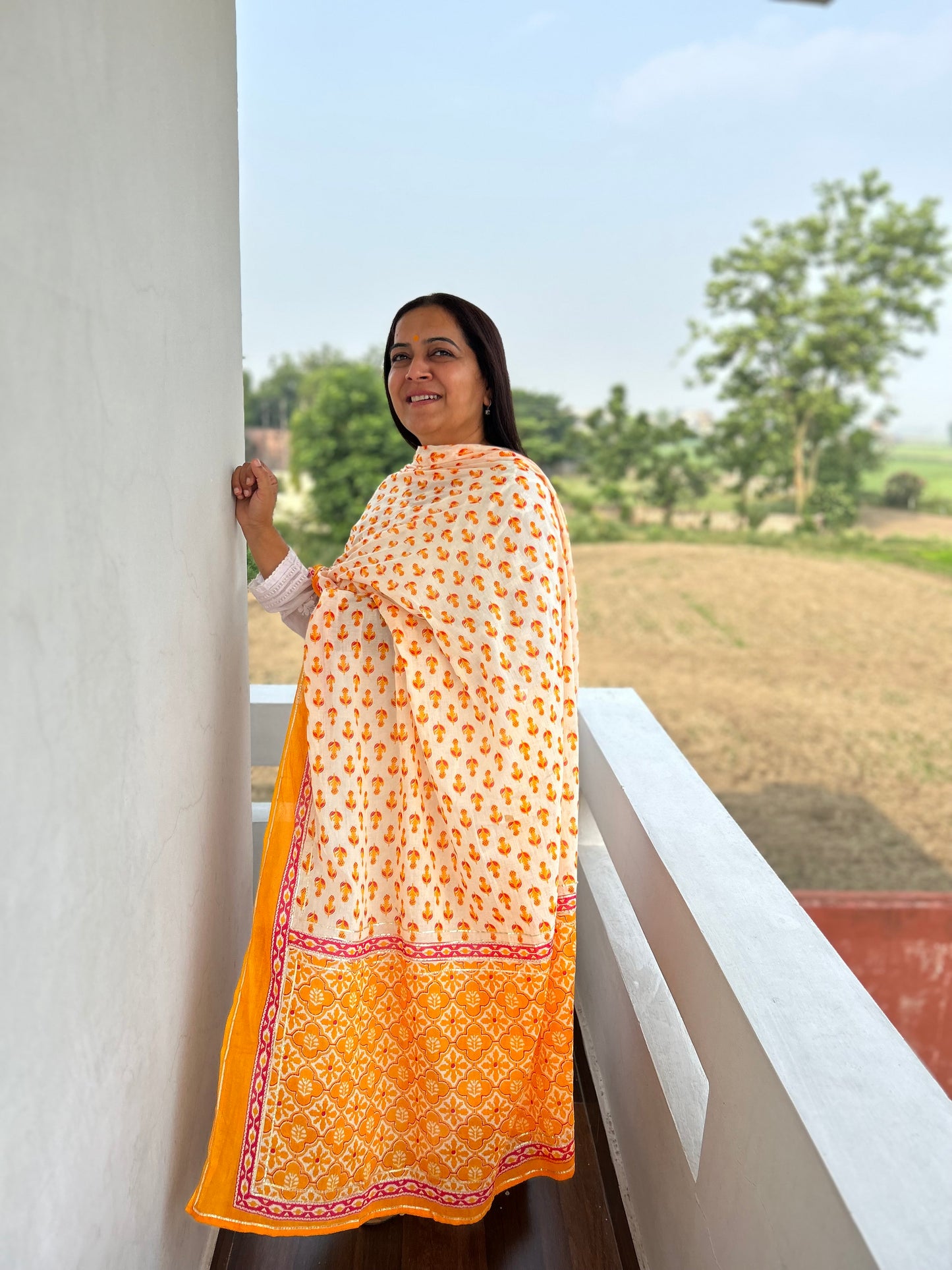 Orange Block Printed Cotton Dupatta