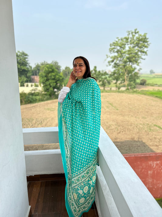 Green Block Printed  Dupatta