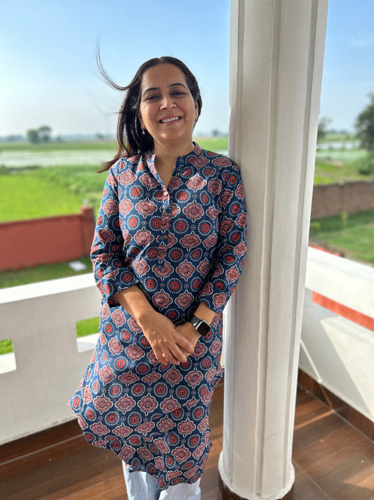Blue Rust Ajrakh Cotton Kurta