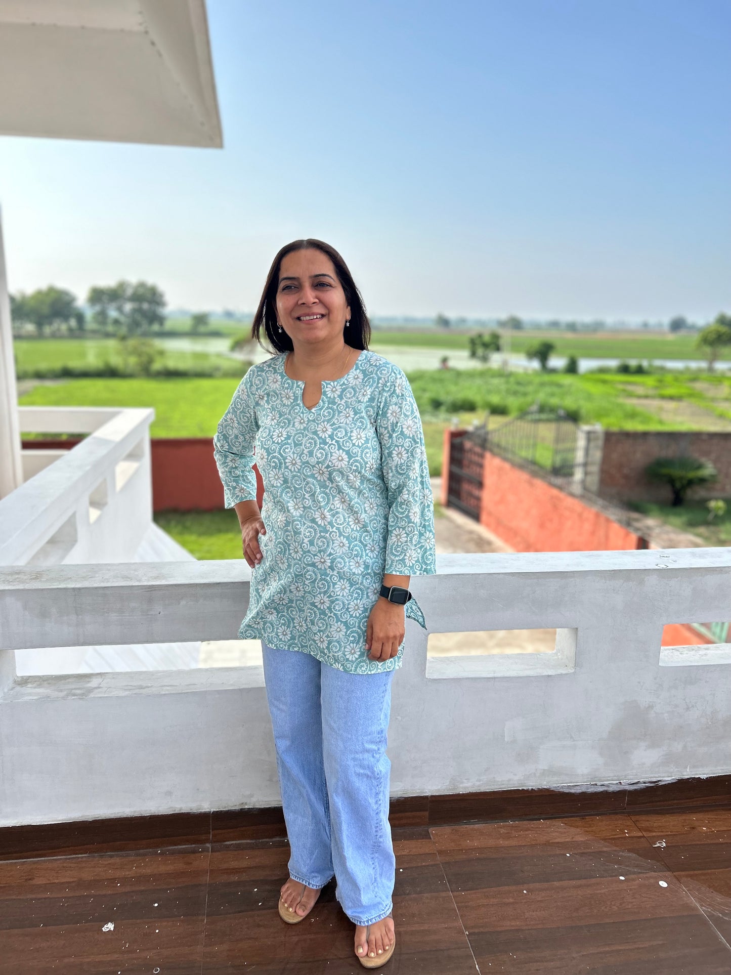 Sea Green Cotton Block Printed Short Kurti