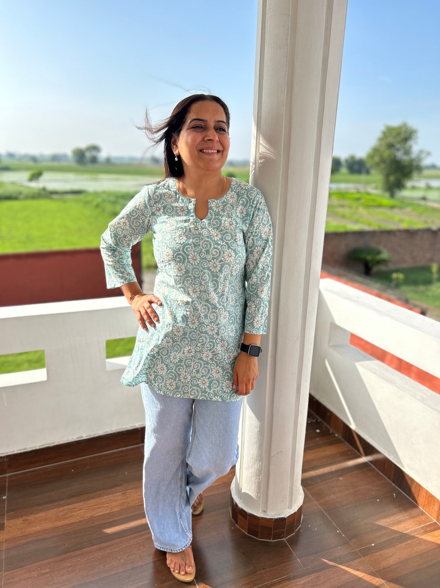 Sea Green Cotton Block Printed Short Kurti