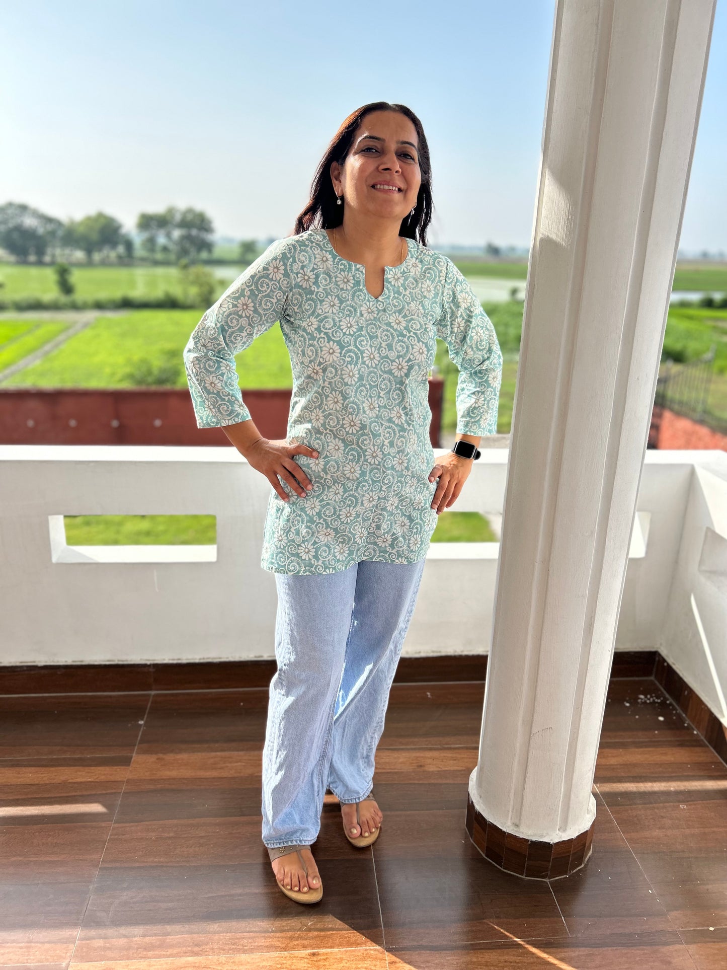 Sea Green Cotton Block Printed Short Kurti