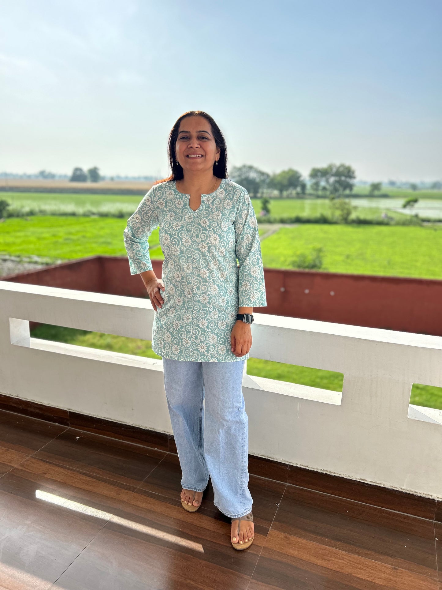Sea Green Cotton Block Printed Short Kurti