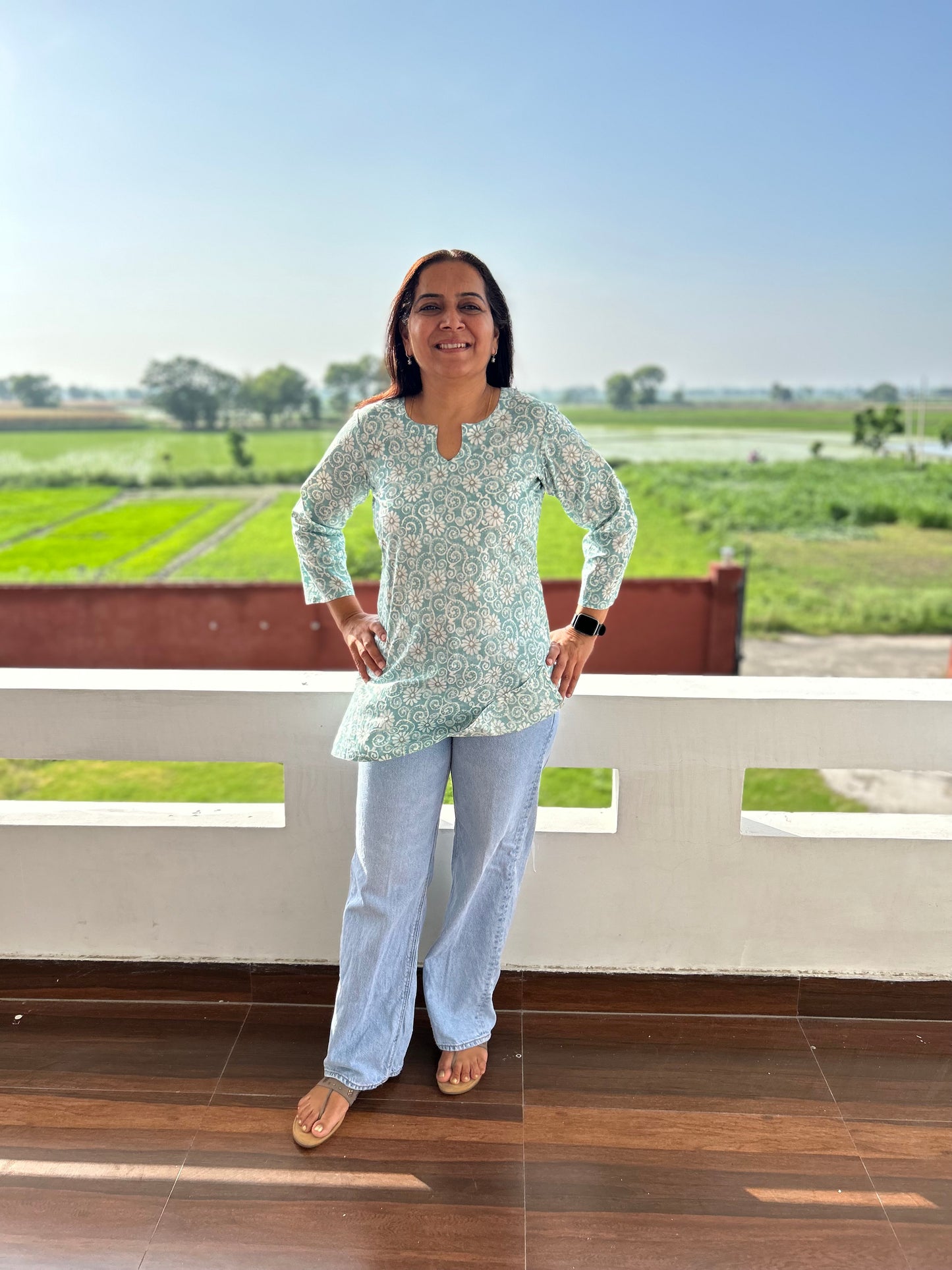 Sea Green Cotton Block Printed Short Kurti