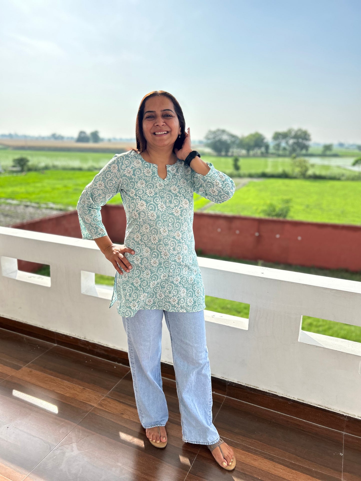 Sea Green Cotton Block Printed Short Kurti