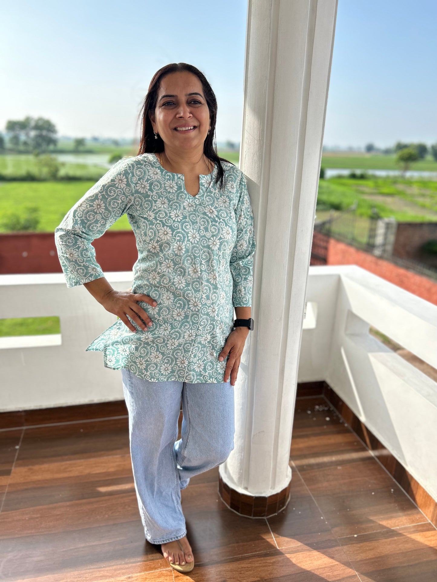 Sea Green Cotton Block Printed Short Kurti