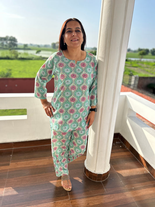 Green Cotton Block Printed Night Suit