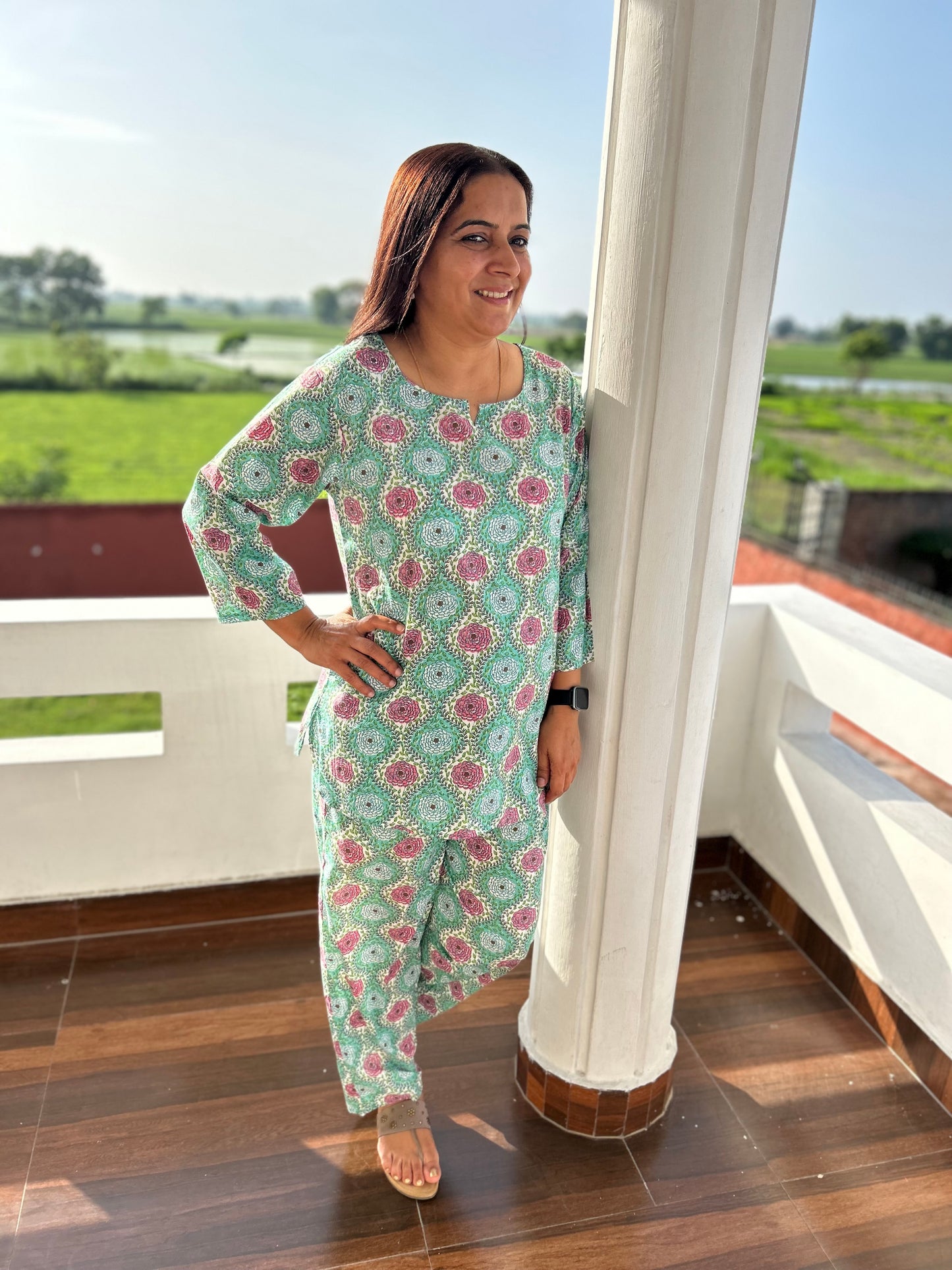 Green Cotton Block Printed Night Suit