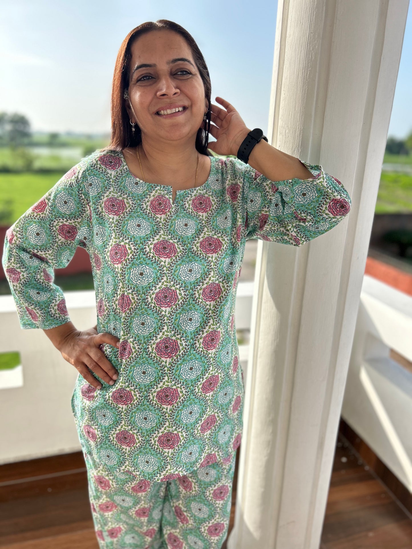 Green Cotton Block Printed Night Suit