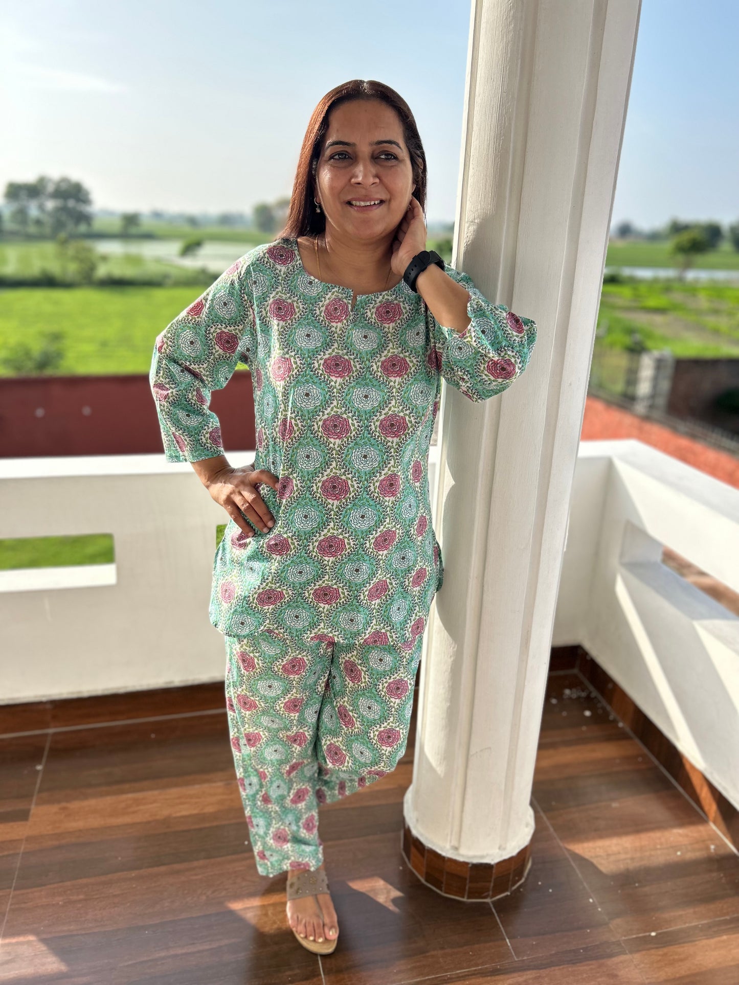 Green Cotton Block Printed Night Suit