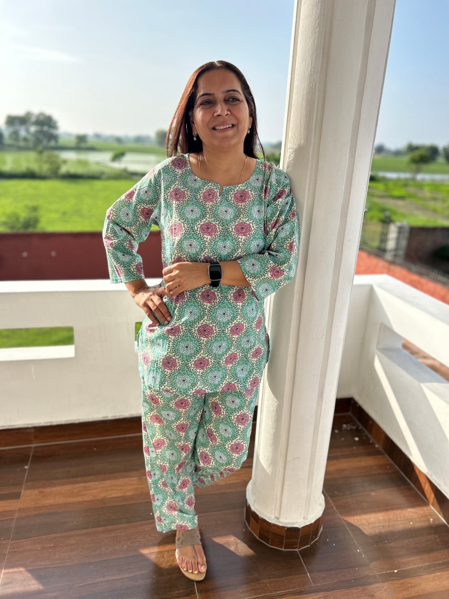 Green Cotton Block Printed Night Suit