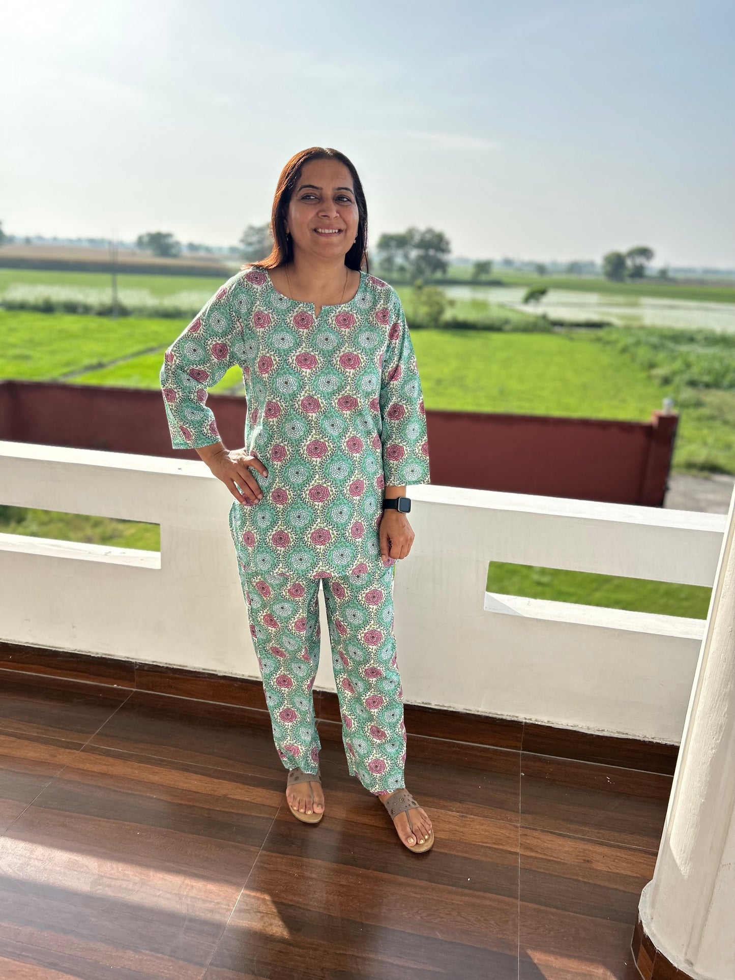 Green Cotton Block Printed Night Suit