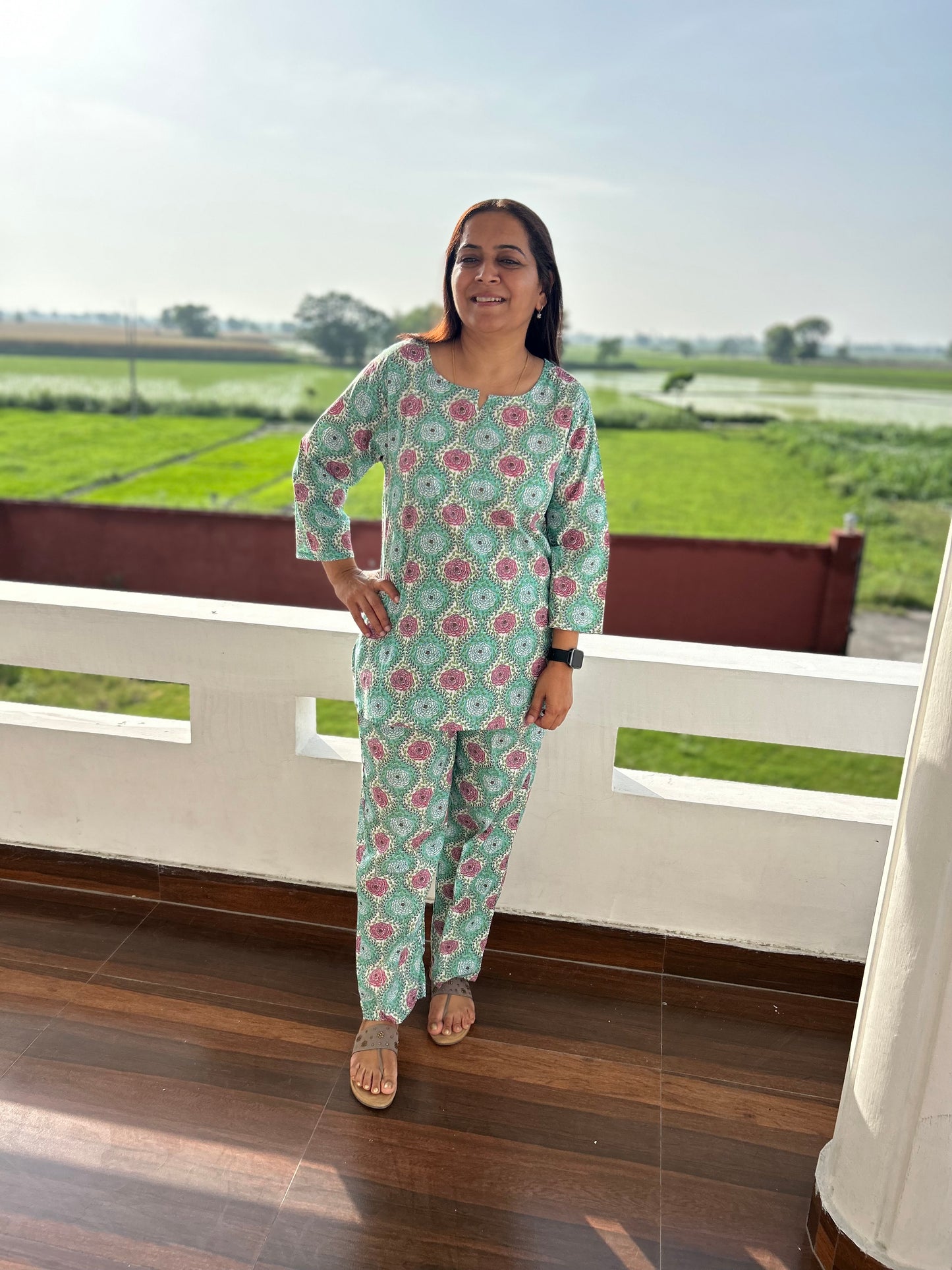 Green Cotton Block Printed Night Suit