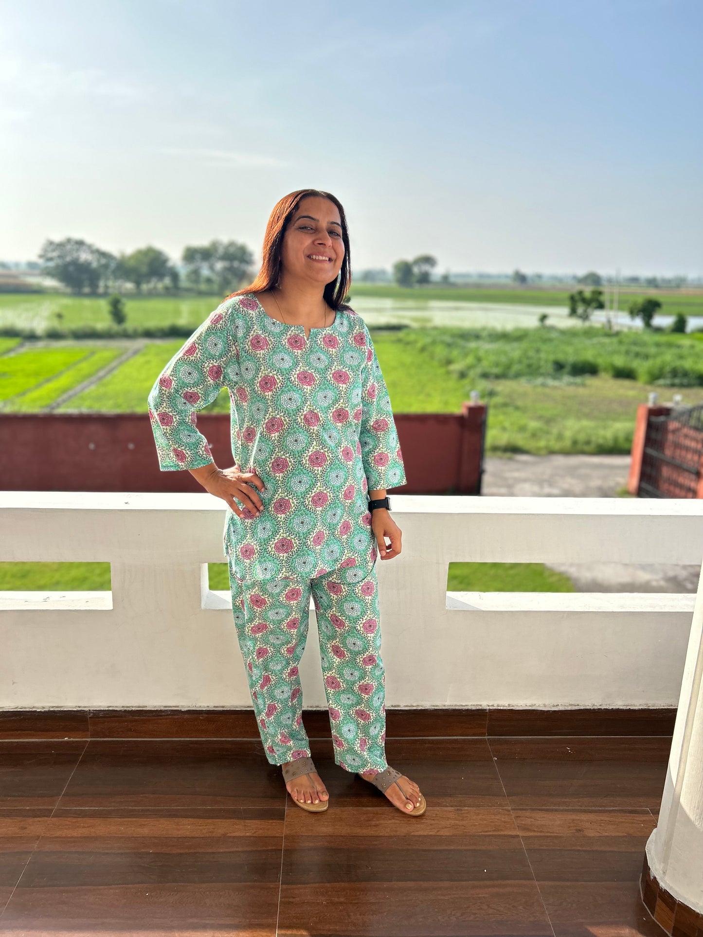 Green Cotton Block Printed Night Suit