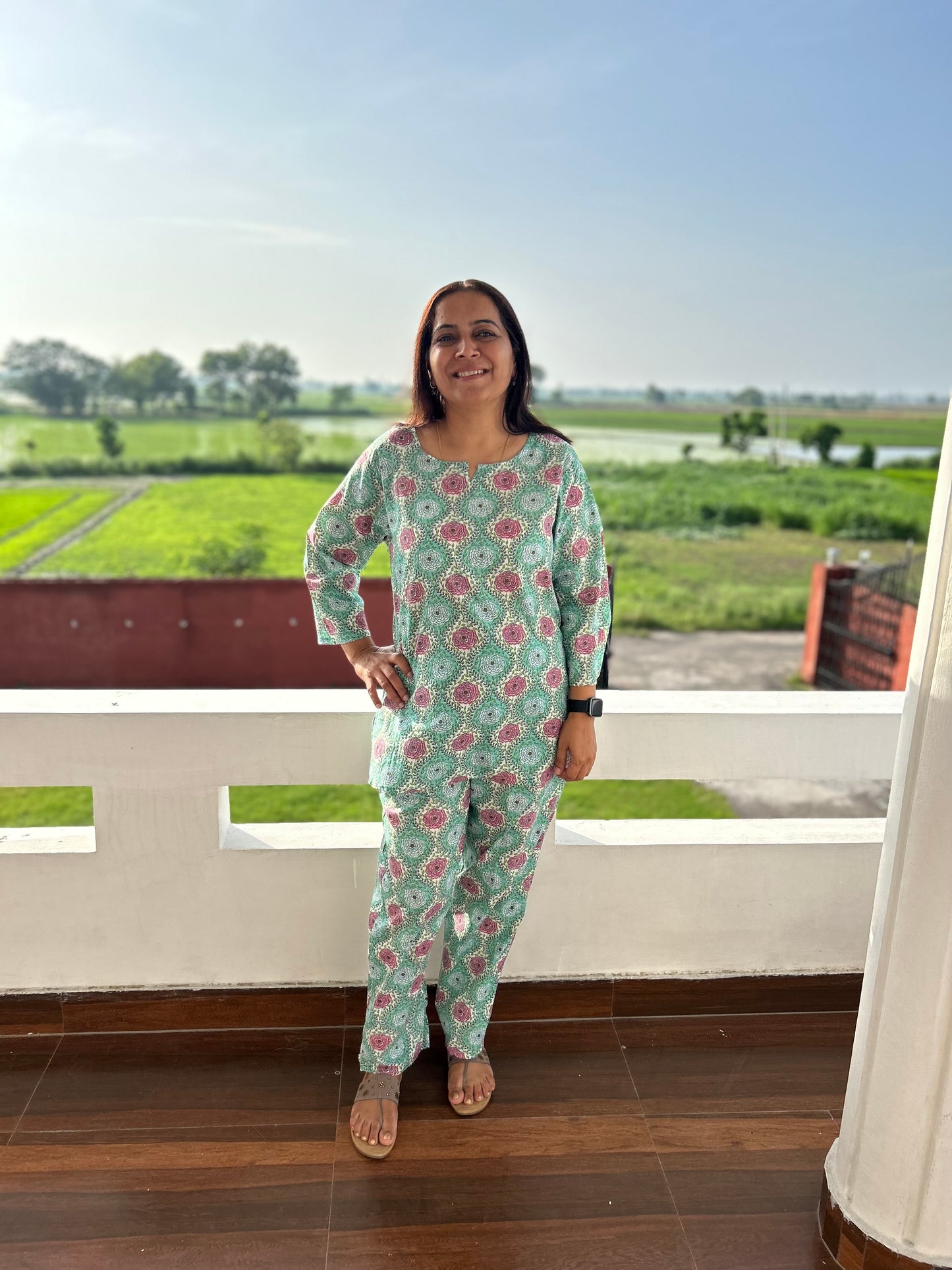 Green Cotton Block Printed Night Suit