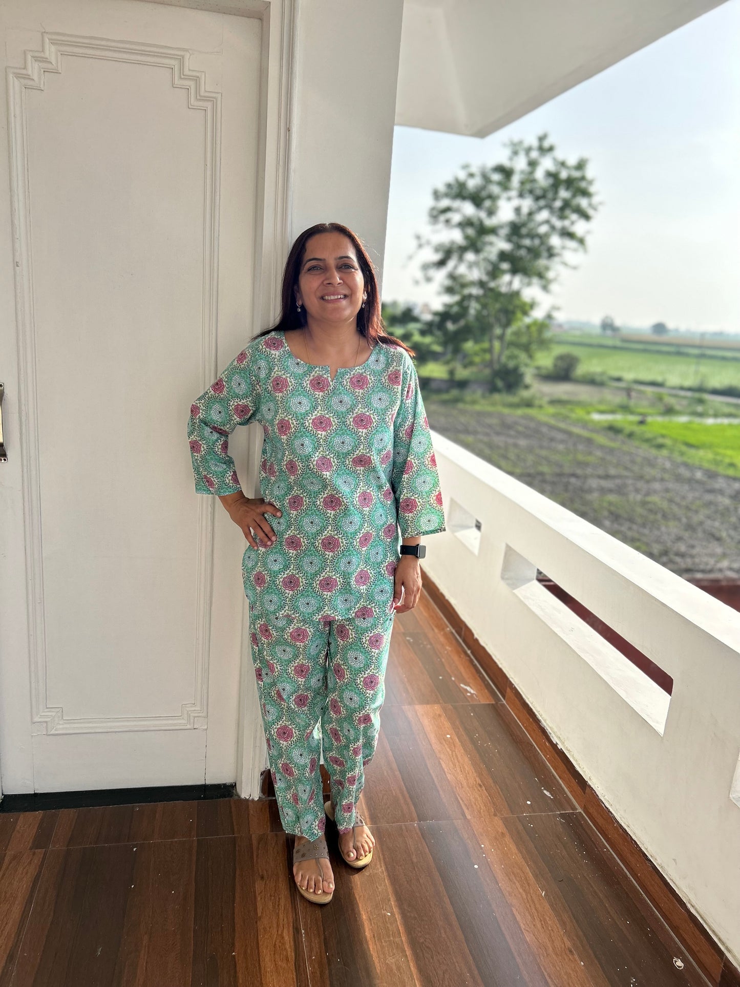 Green Cotton Block Printed Night Suit