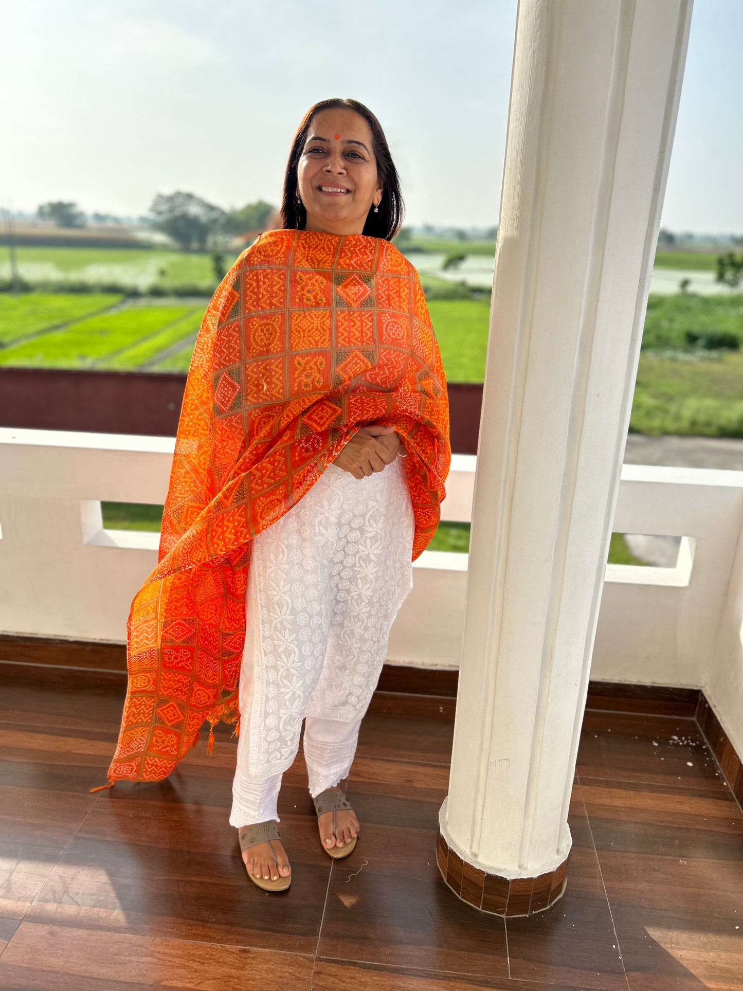 Orange Bhandani Print Kota Doria Dupatta