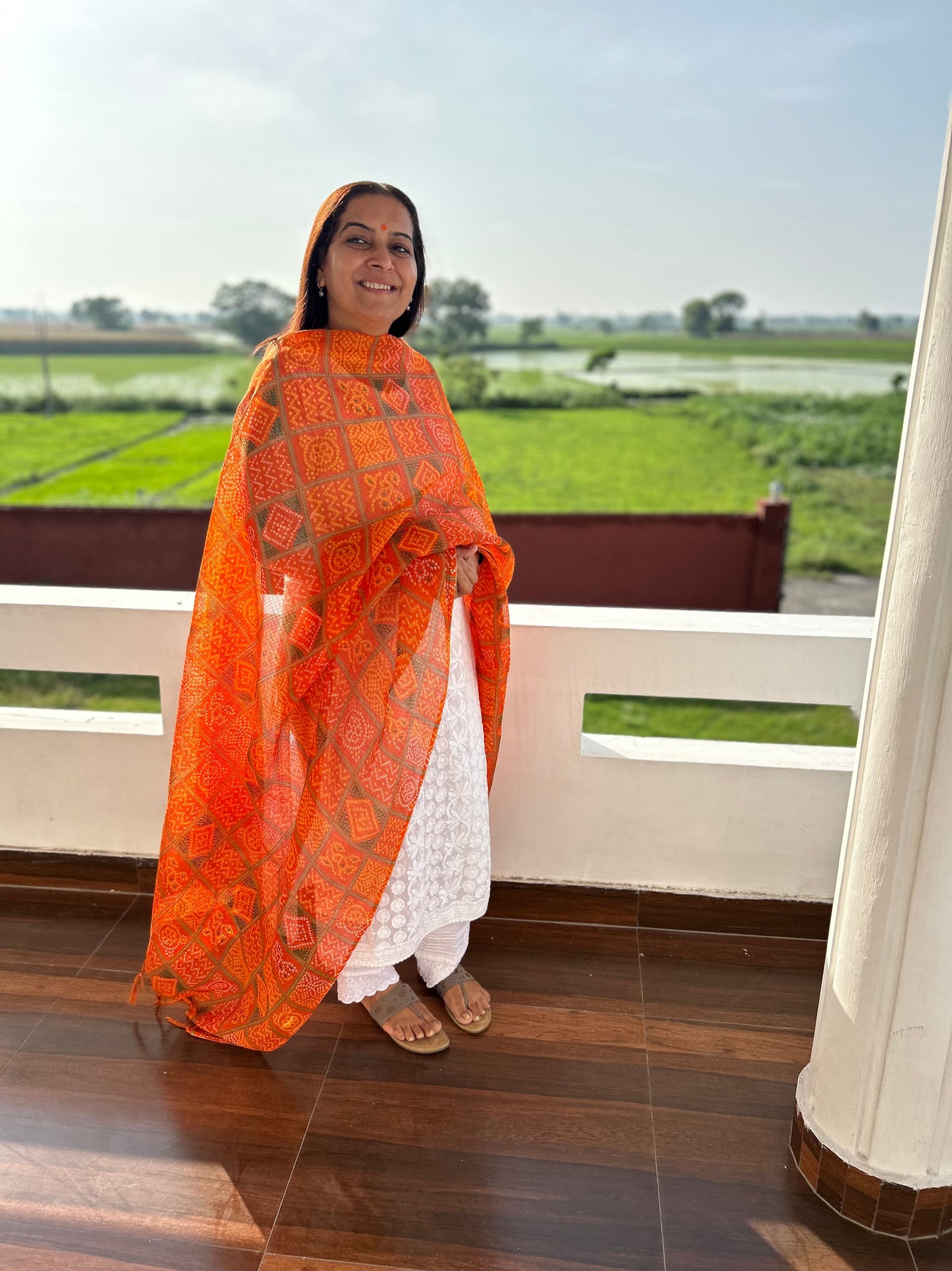 Orange Bhandani Print Kota Doria Dupatta