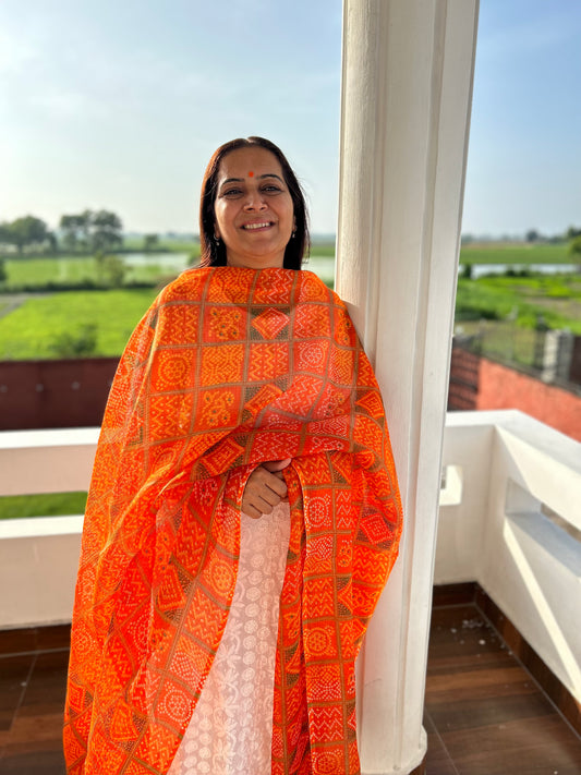 Orange Bhandani Print Kota Doria Dupatta