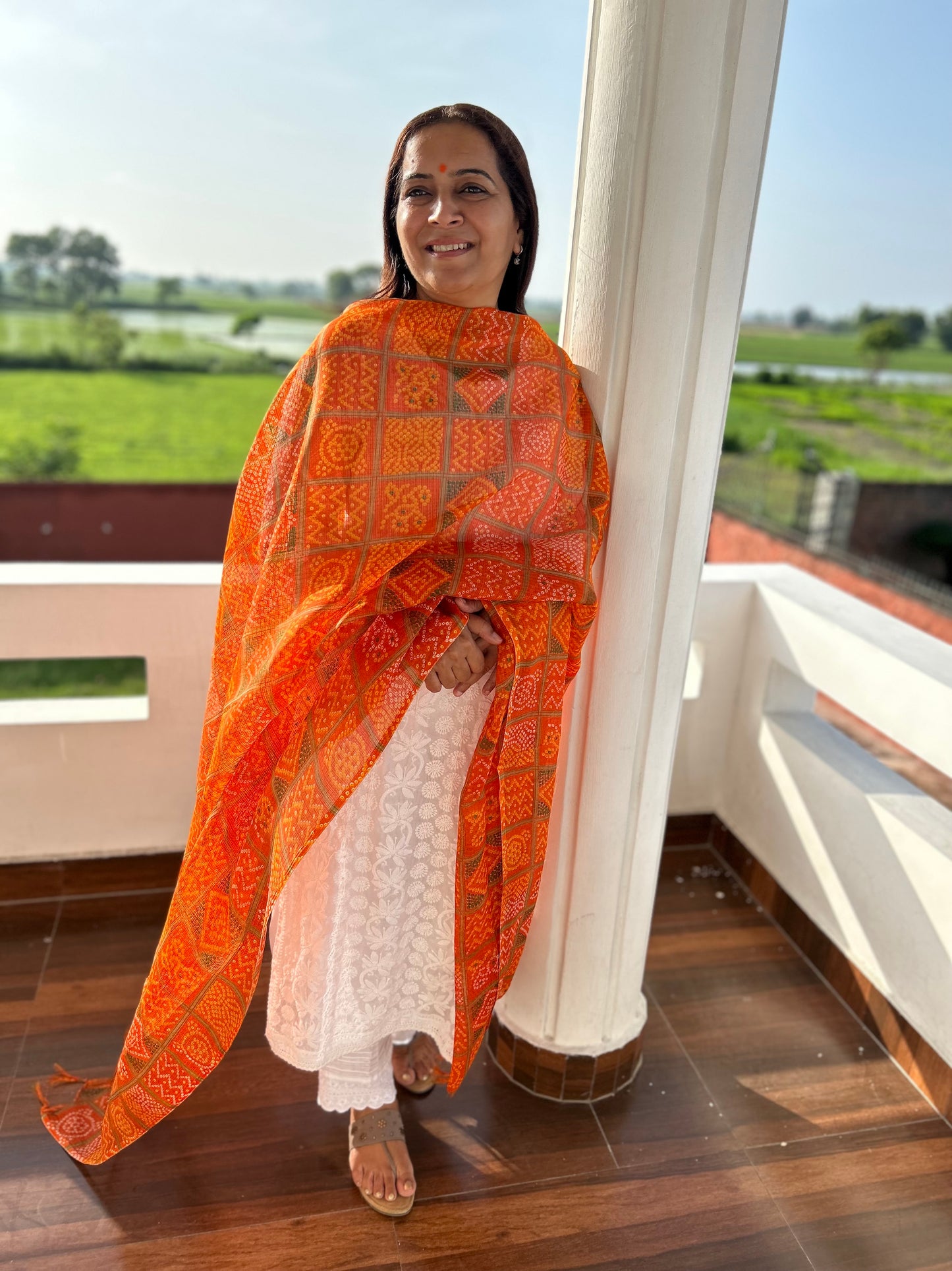 Orange Bhandani Print Kota Doria Dupatta
