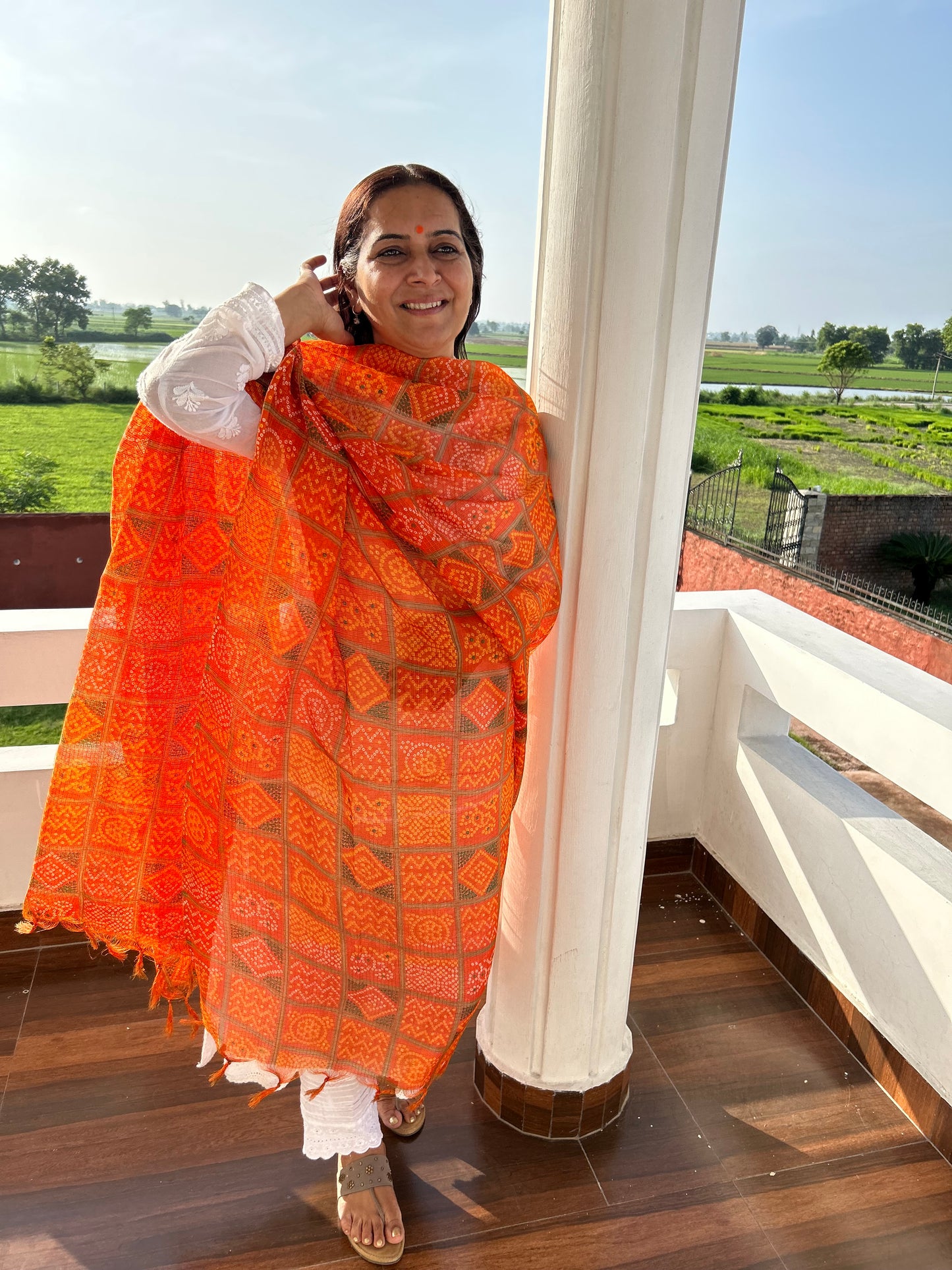 Orange Bhandani Print Kota Doria Dupatta