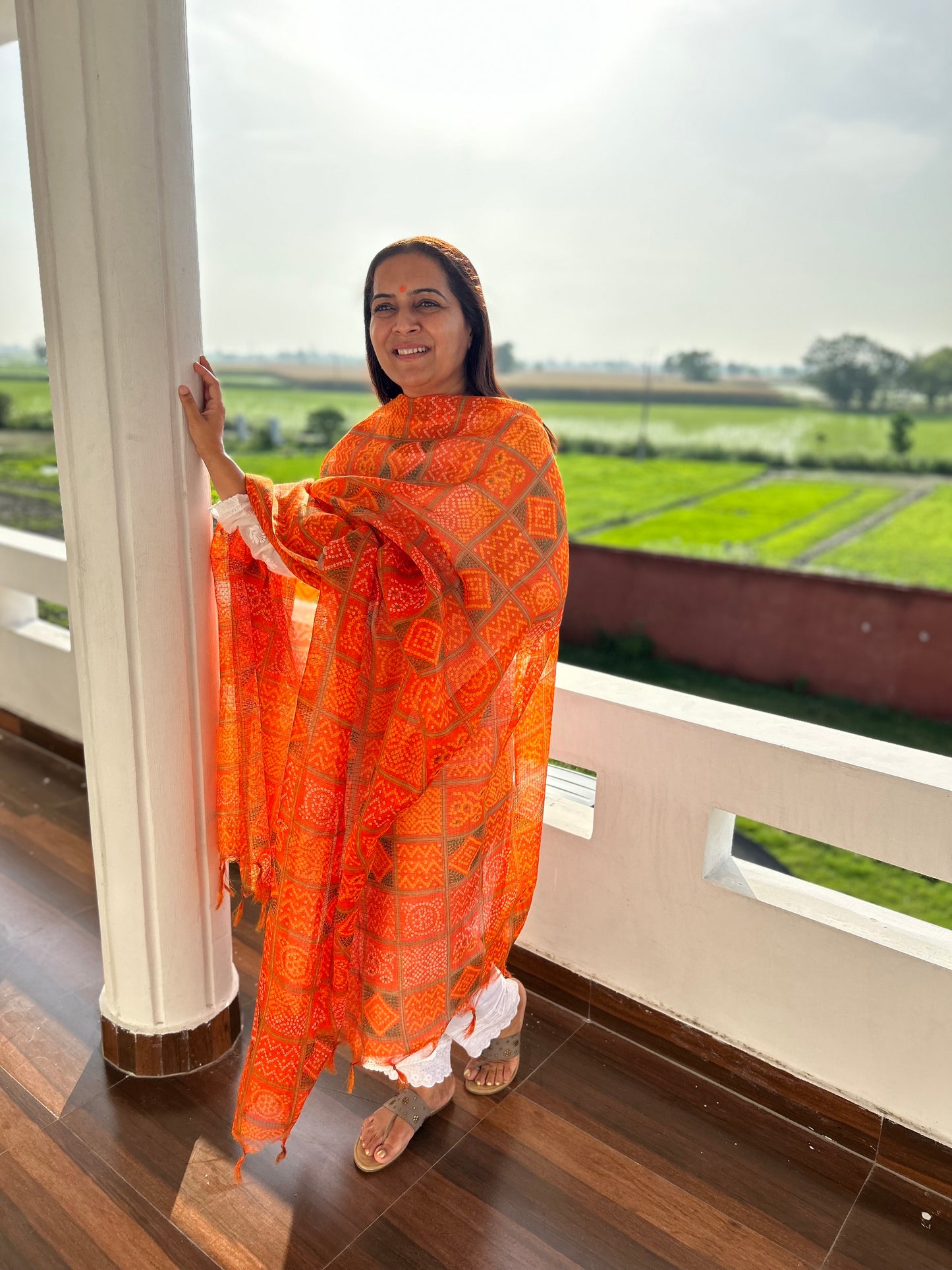 Orange Bhandani Print Kota Doria Dupatta