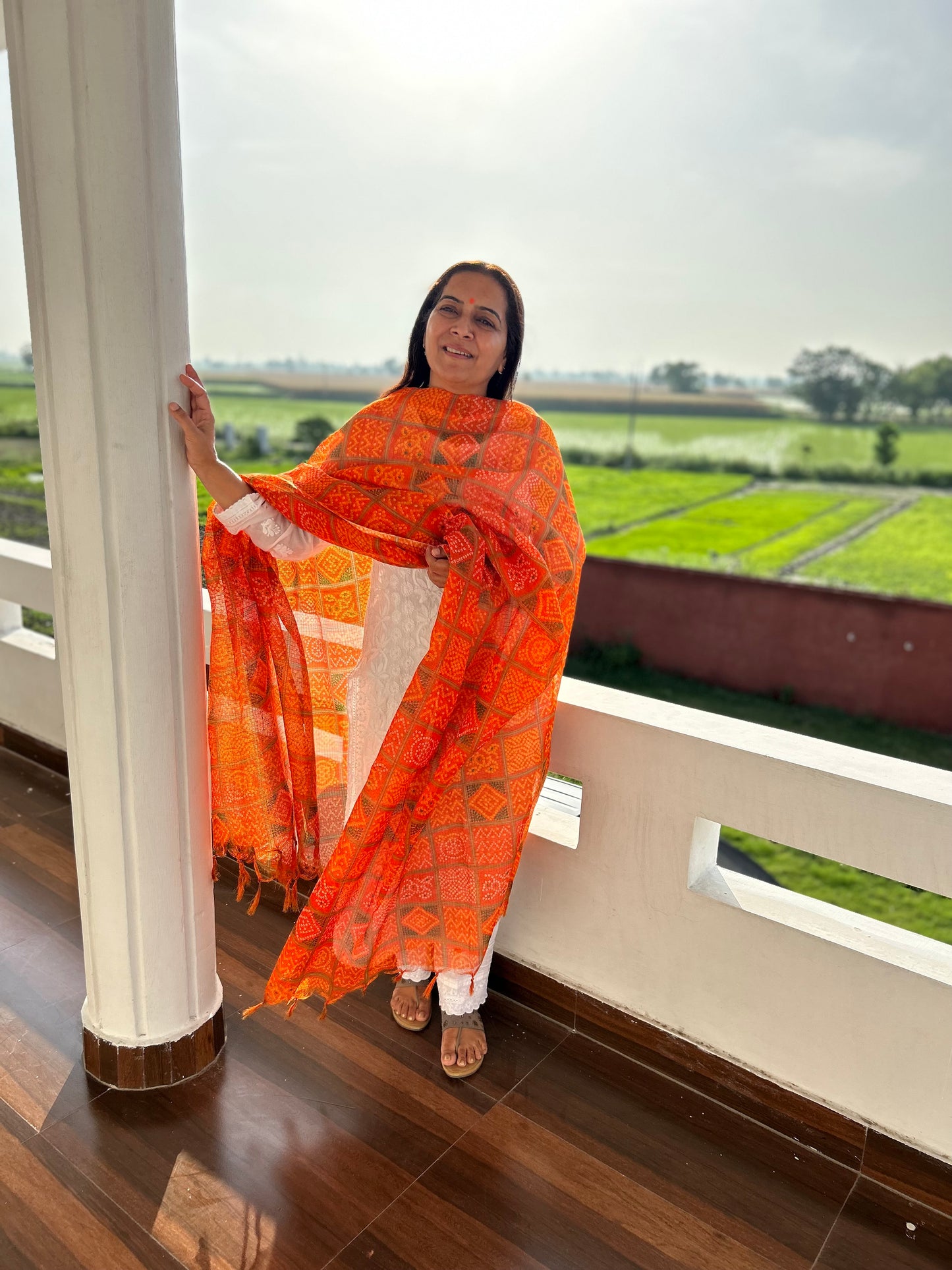 Orange Bhandani Print Kota Doria Dupatta