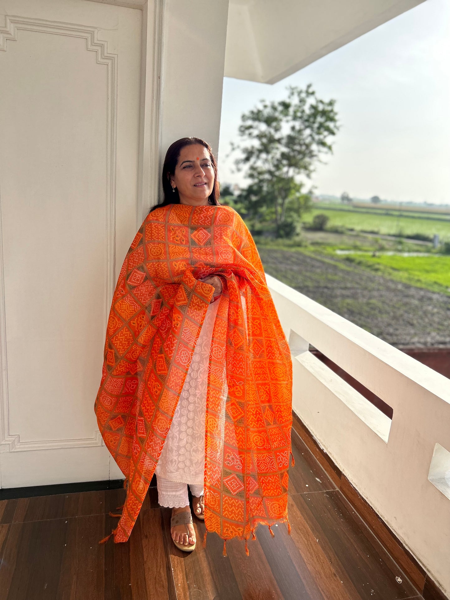 Orange Bhandani Print Kota Doria Dupatta