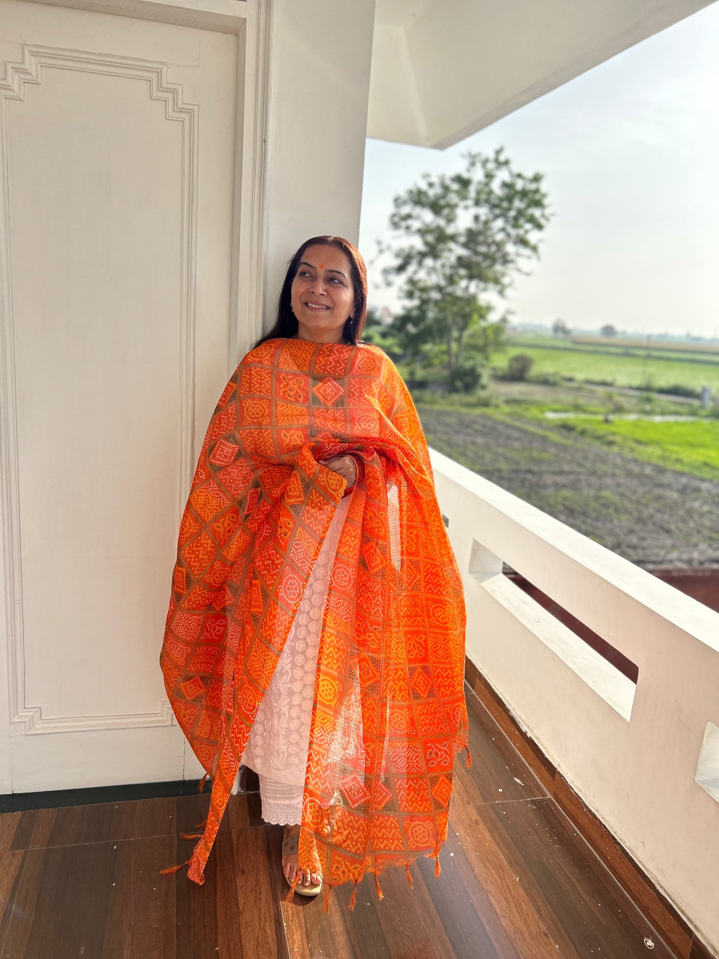 Orange Bhandani Print Kota Doria Dupatta