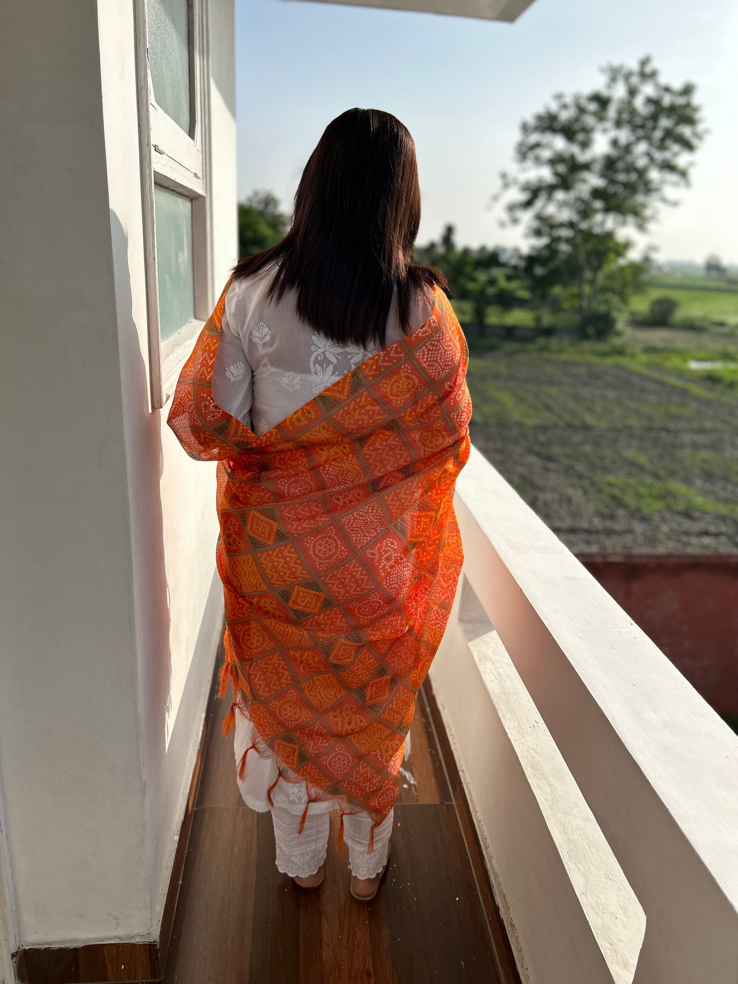 Orange Bhandani Print Kota Doria Dupatta