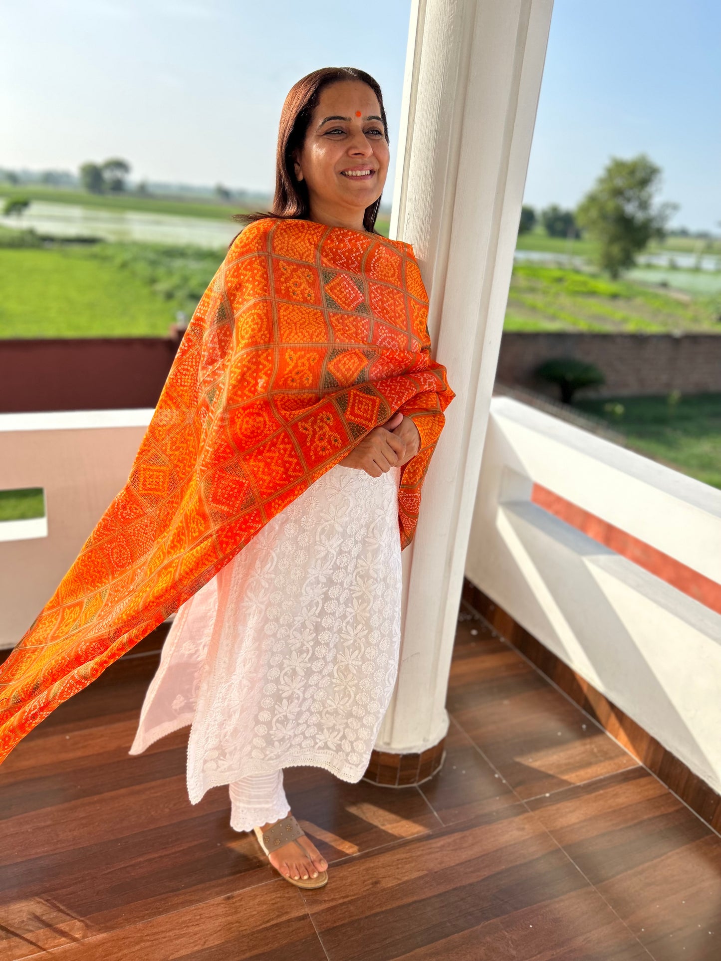 Orange Bhandani Print Kota Doria Dupatta