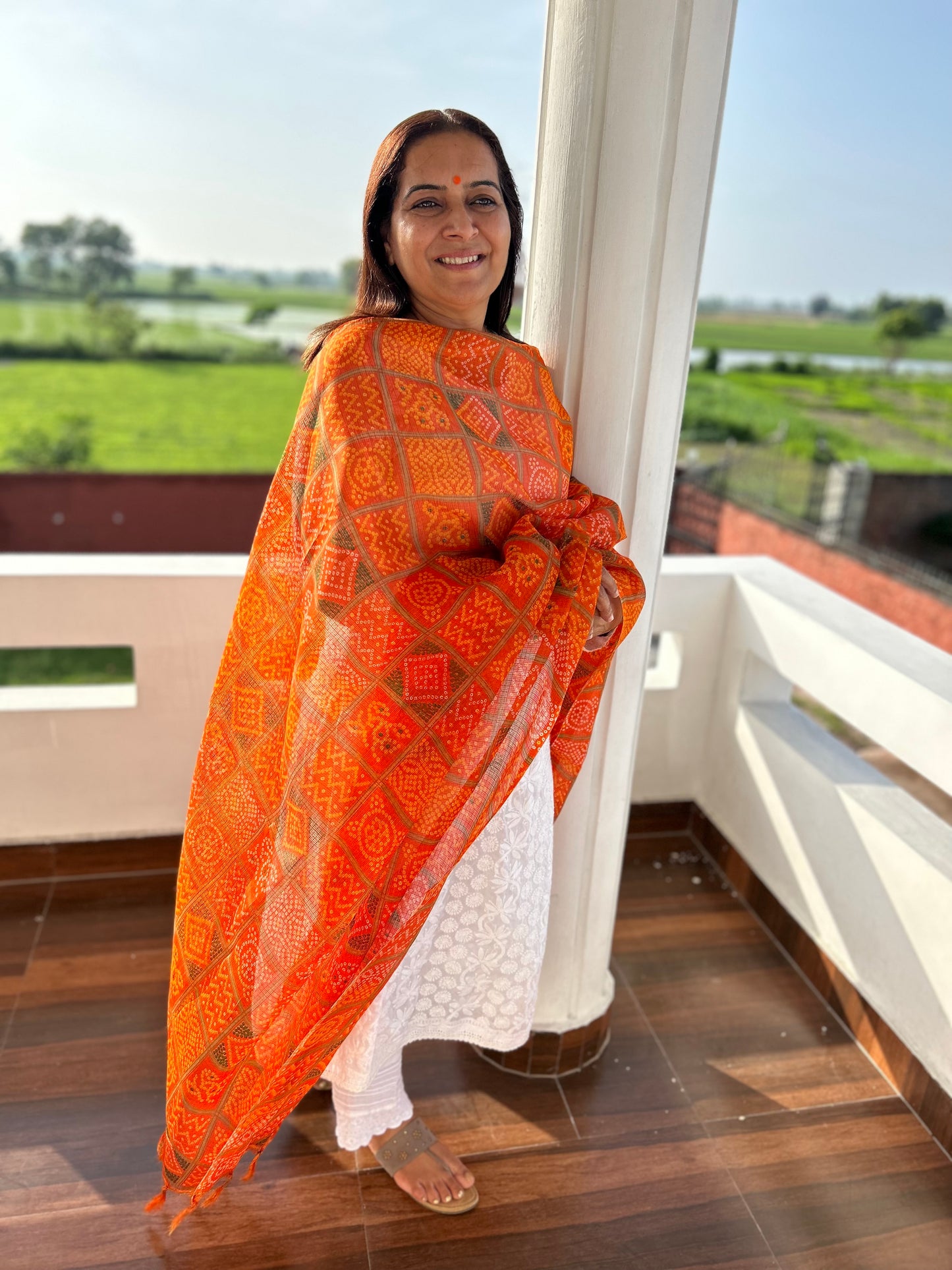 Orange Bhandani Print Kota Doria Dupatta