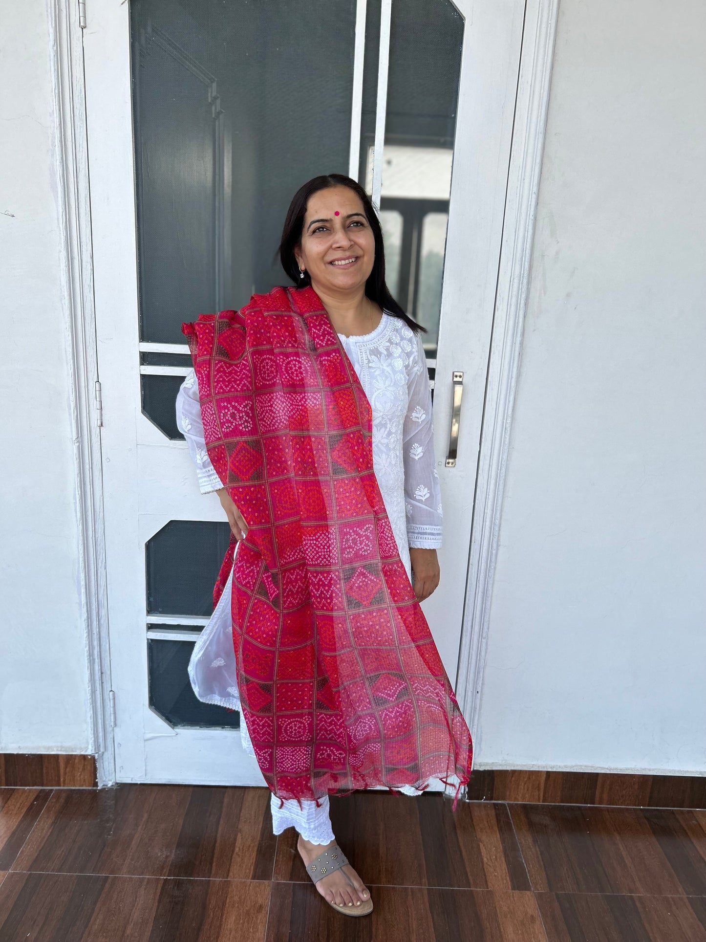 Pink Bhandani Print Kota Doria Dupatta