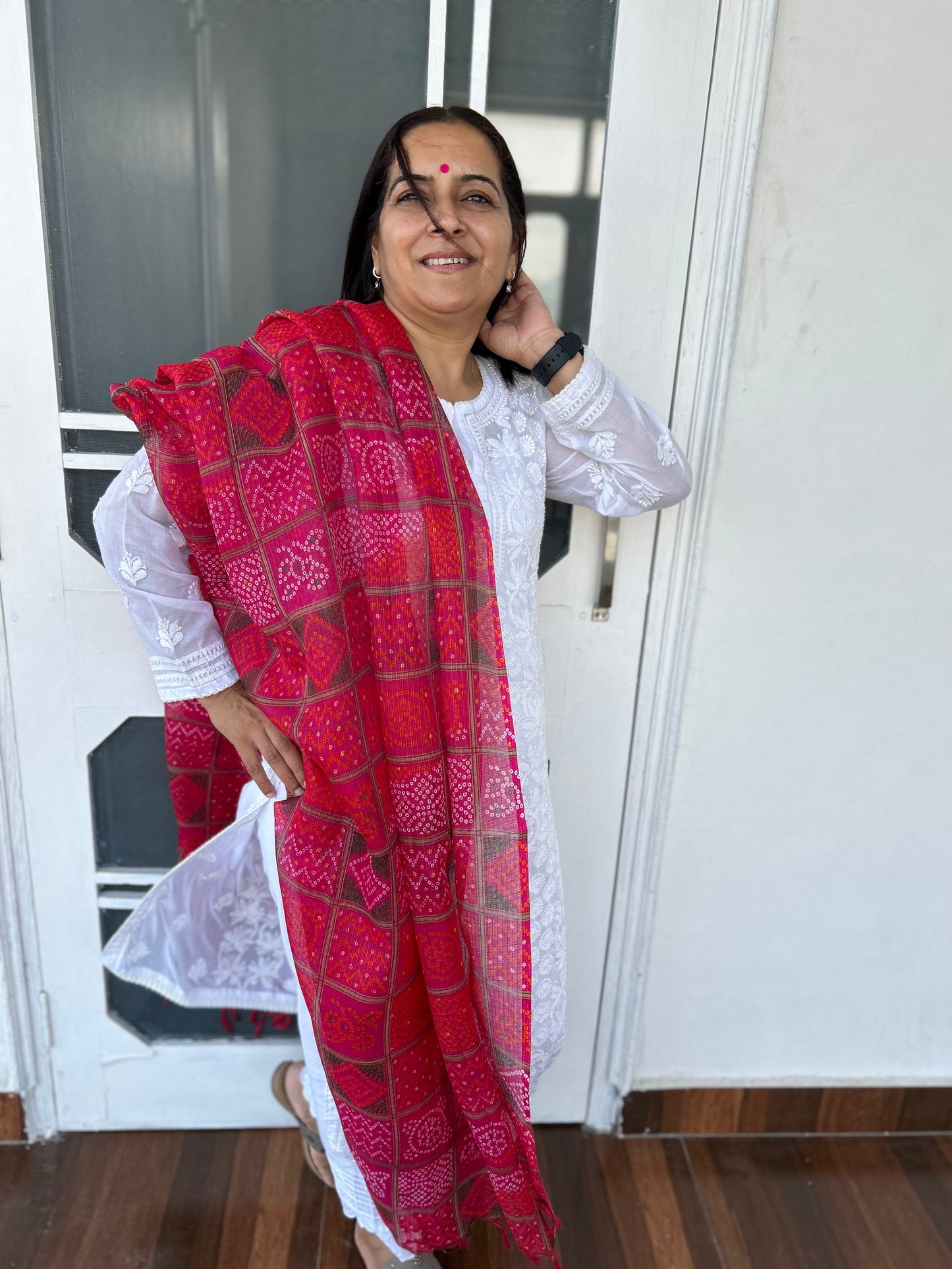 Pink Bhandani Print Kota Doria Dupatta