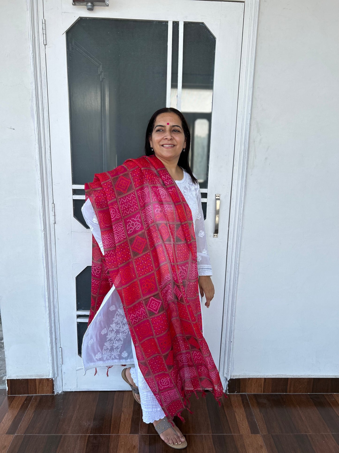 Pink Bhandani Print Kota Doria Dupatta