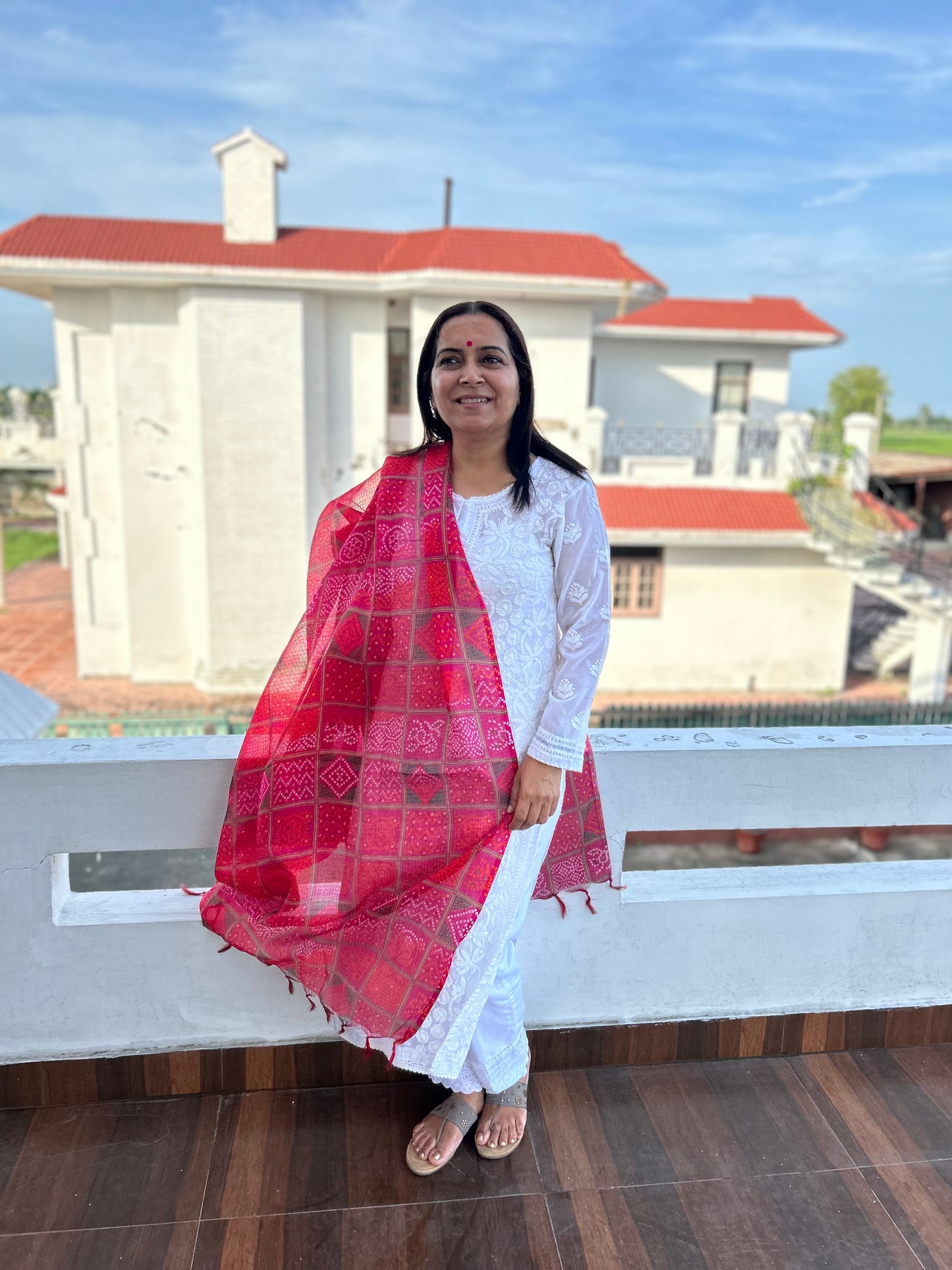 Pink Bhandani Print Kota Doria Dupatta