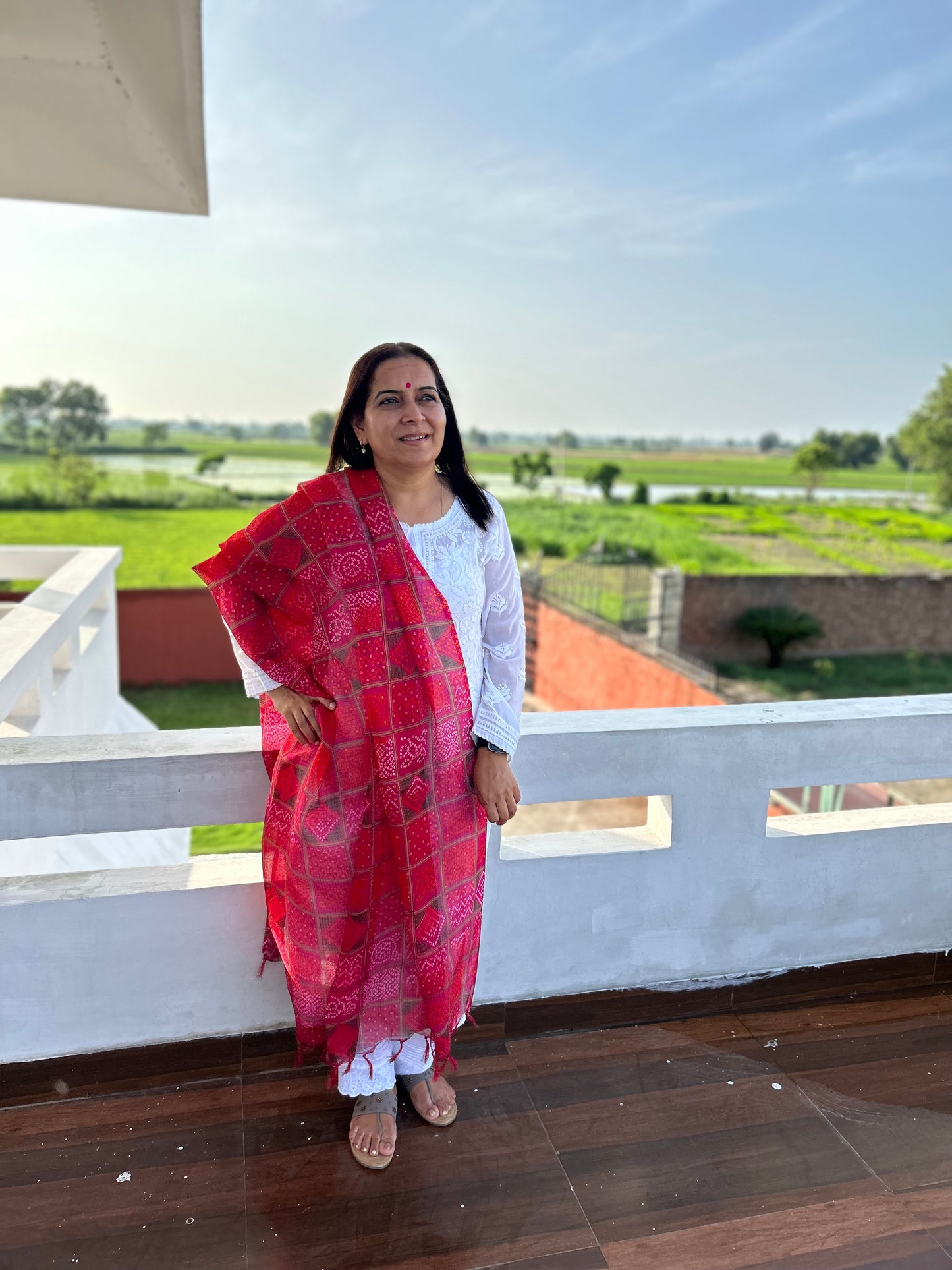 Pink Bhandani Print Kota Doria Dupatta