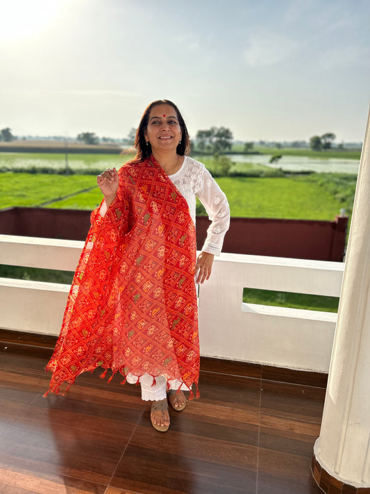 Red Bhandani Print Kota Doria Dupatta
