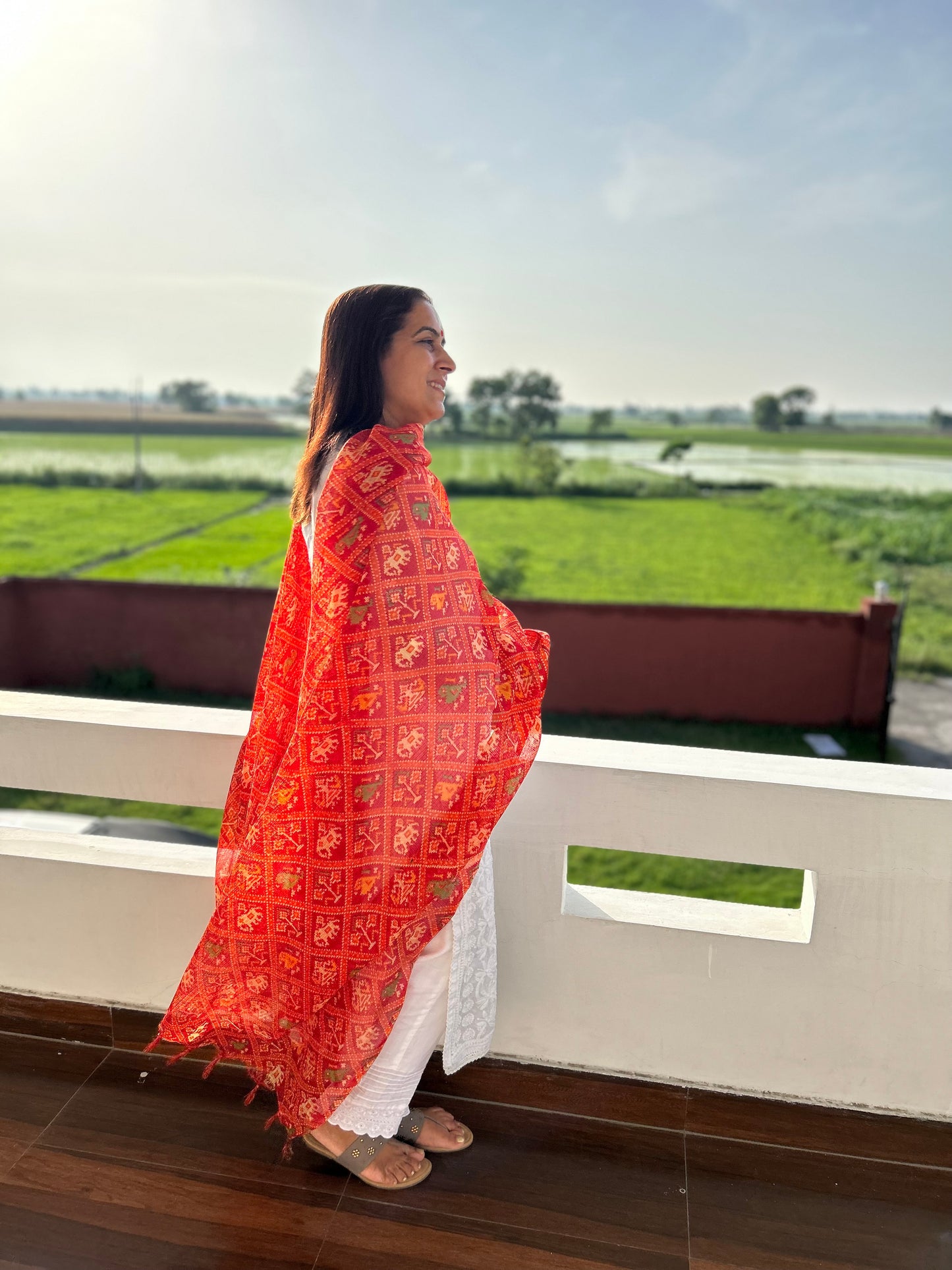 Red Bhandani Print Kota Doria Dupatta