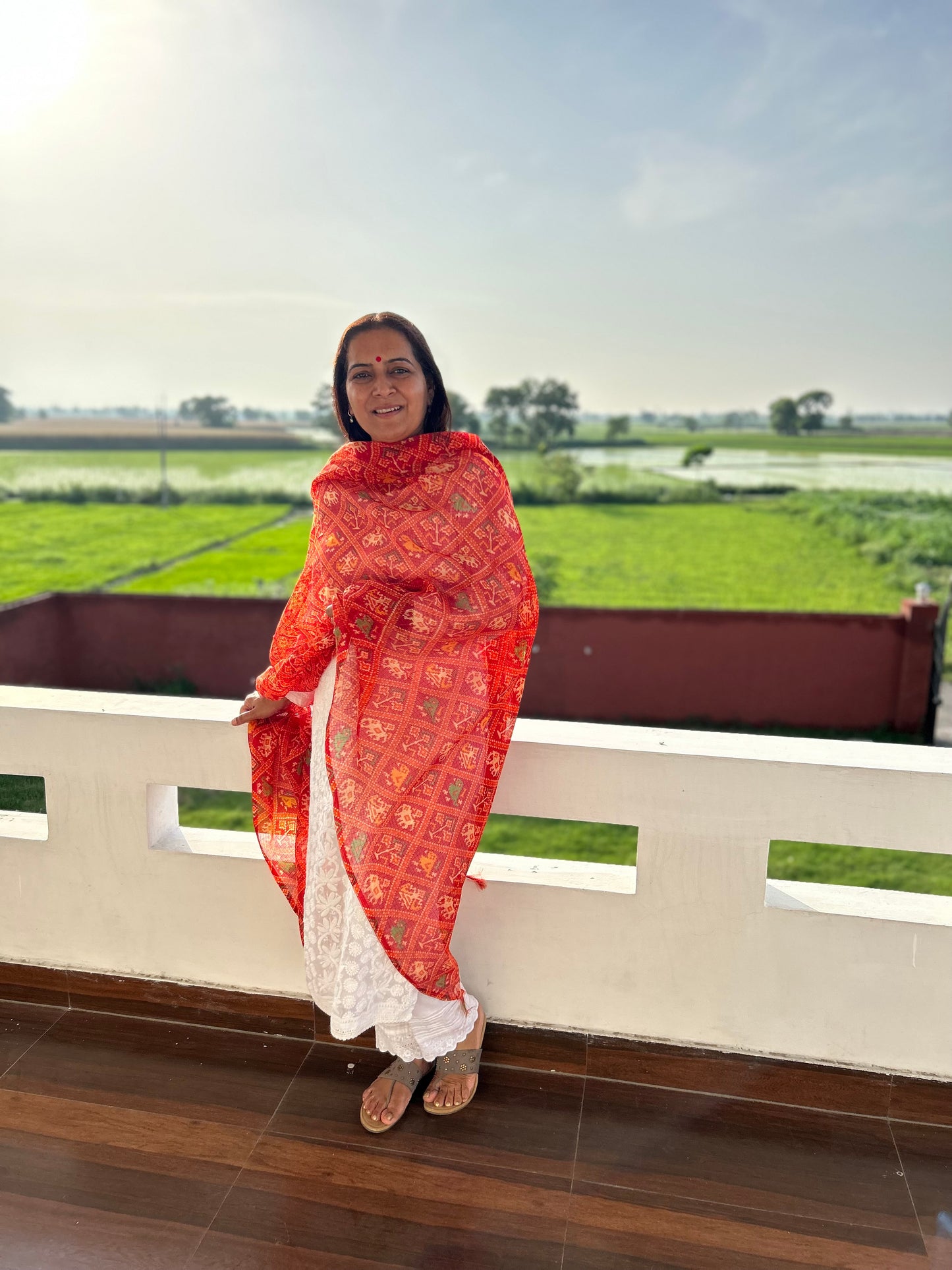 Red Bhandani Print Kota Doria Dupatta