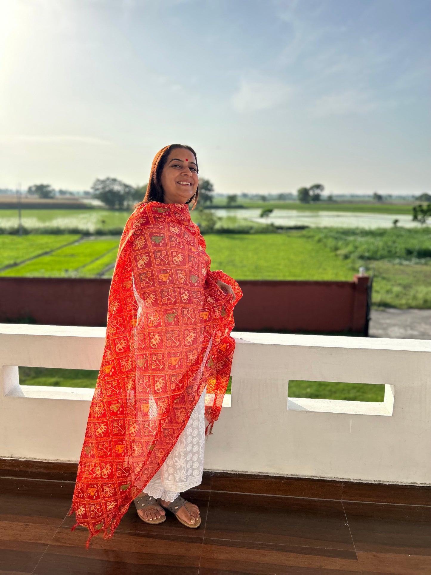 Red Bhandani Print Kota Doria Dupatta