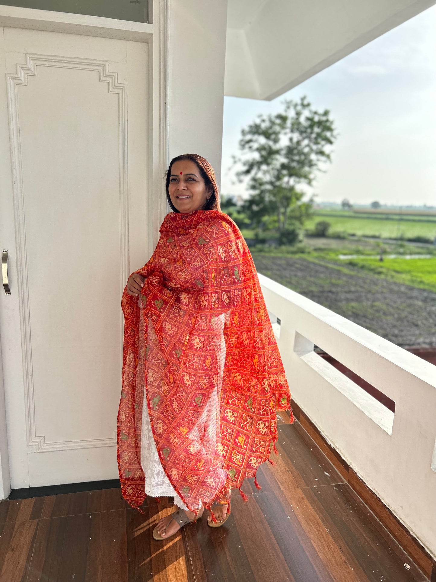 Red Bhandani Print Kota Doria Dupatta