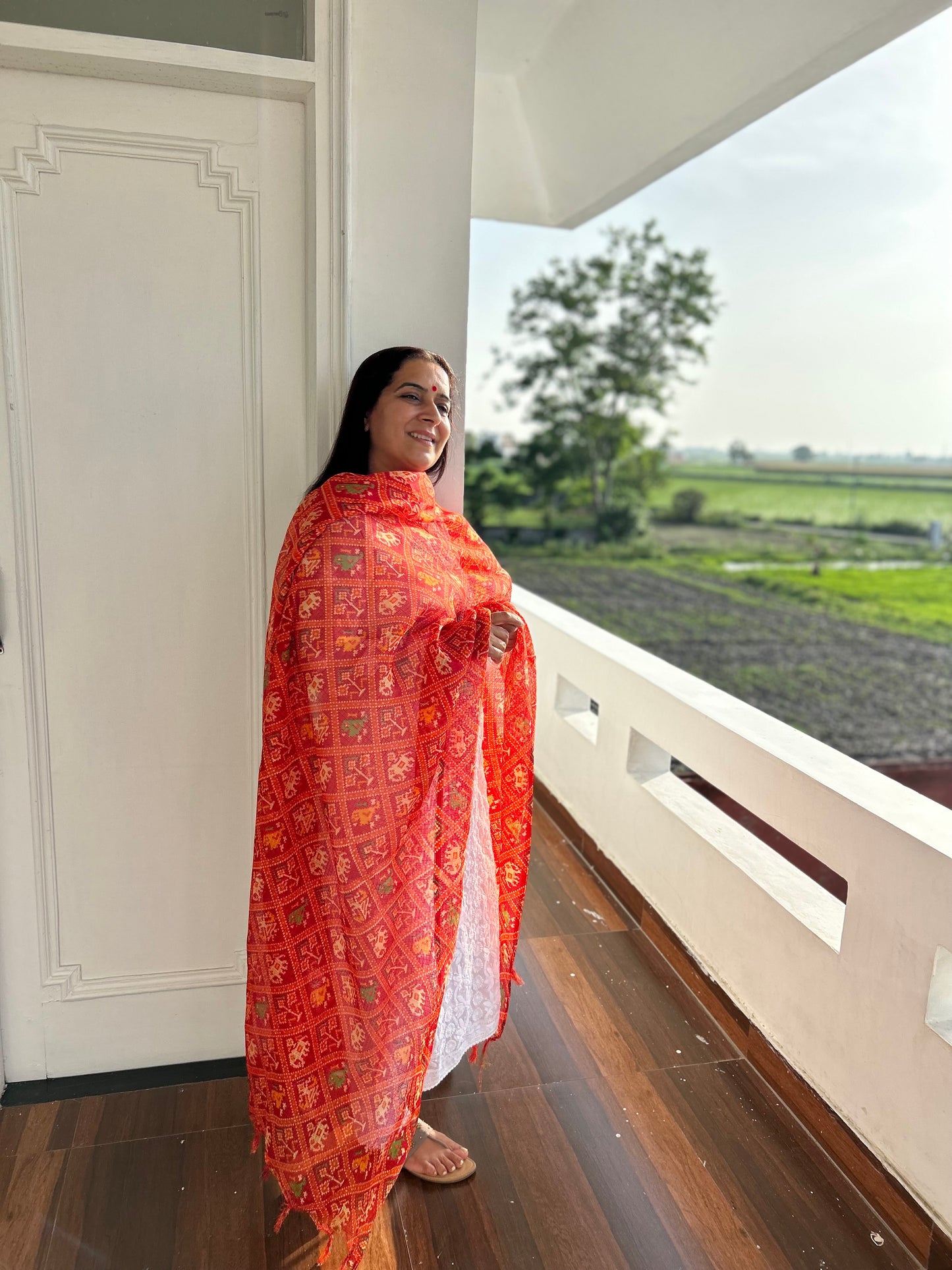 Red Bhandani Print Kota Doria Dupatta