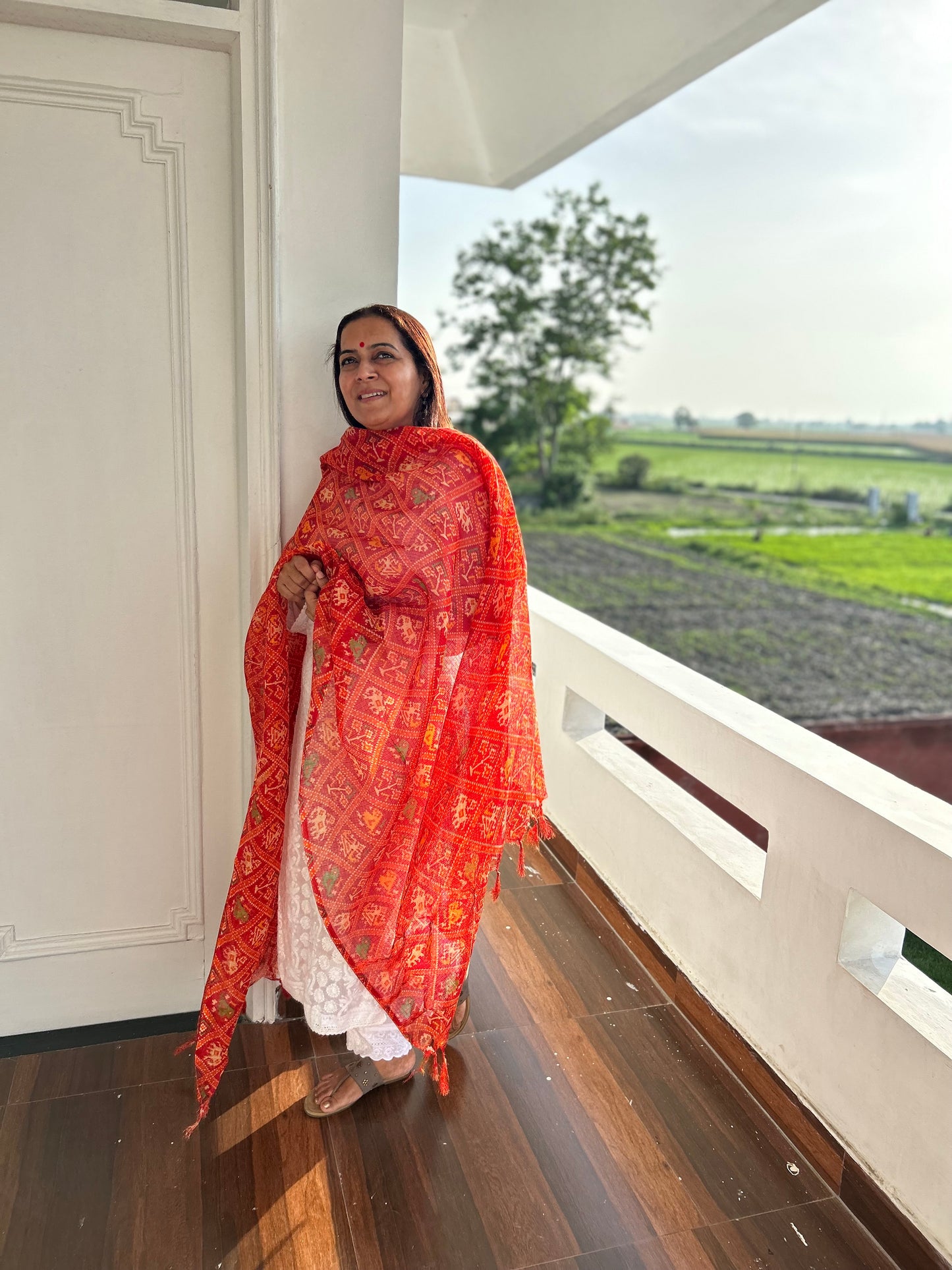 Red Bhandani Print Kota Doria Dupatta